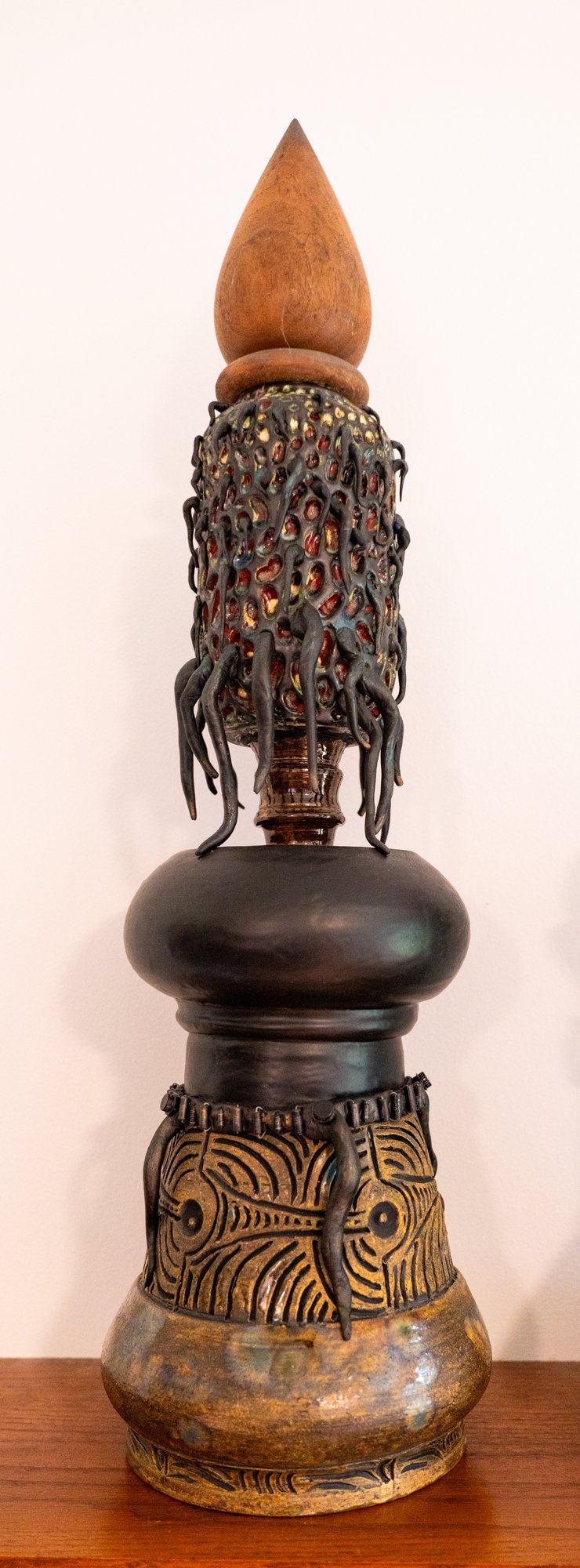 CT/V1 Drip Ooze Combo Clay Totem Vessel - Intuitively assembled. Carved clay section,epoxy clay, transistors, wood ring & finial. 24” x 6.5” x 6.5”. 2020
