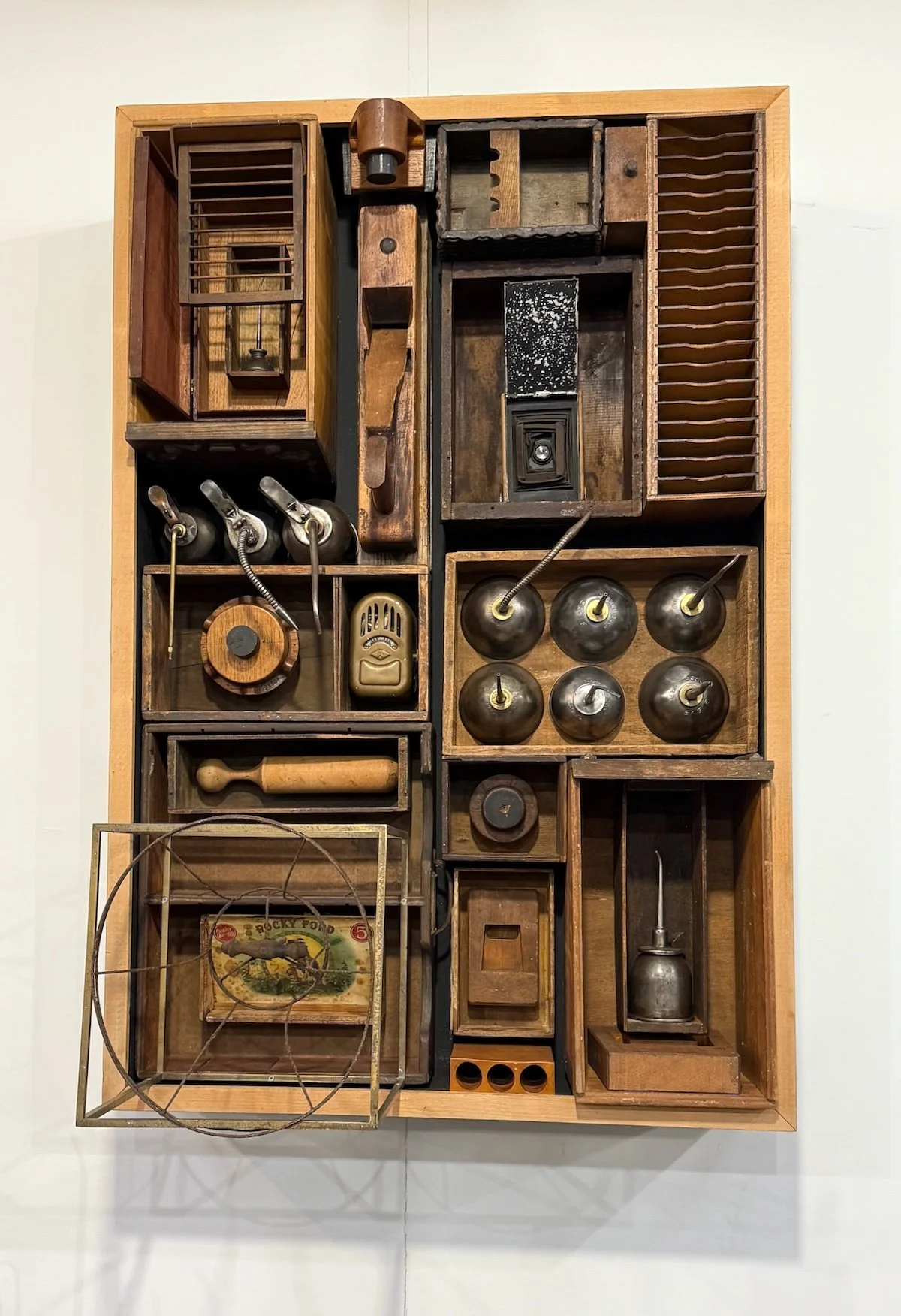 Thermal Distribution - Inspired by the numerous ways energy is consumed. Wood boxes, thermostat, oil cans, vintage camera, carpenter’s plane, cigar box, misc, wood items. 4.5’ x 3’ x 15”. 2014