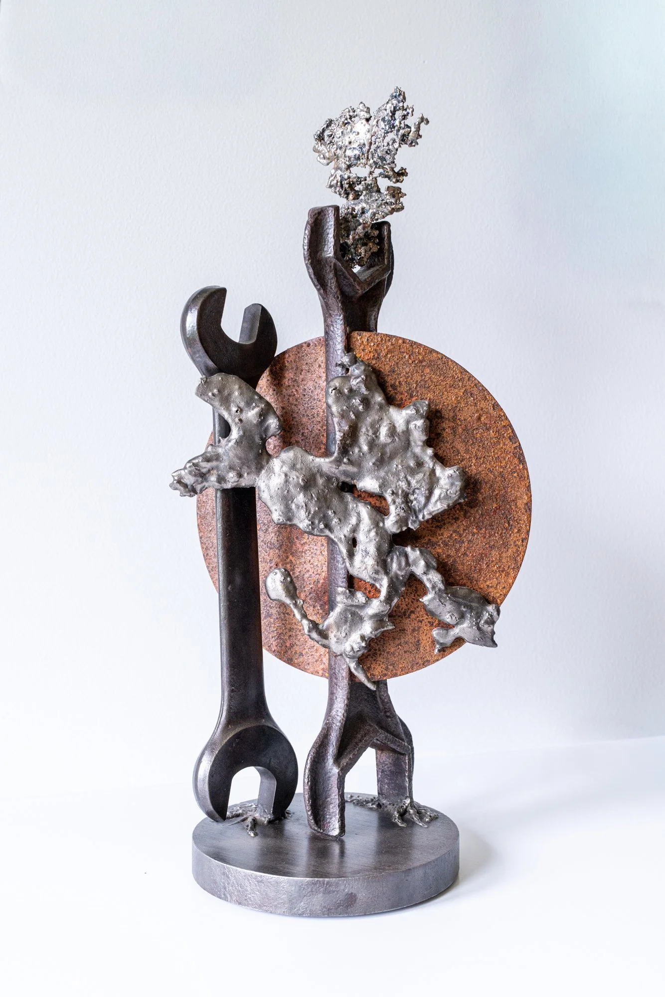 Harvest Moon - 22.5” x 10.5” x 7.5”. Vintage wrenches, cast stainless, welded steel.Tools and timing required for fall harvest. 2019