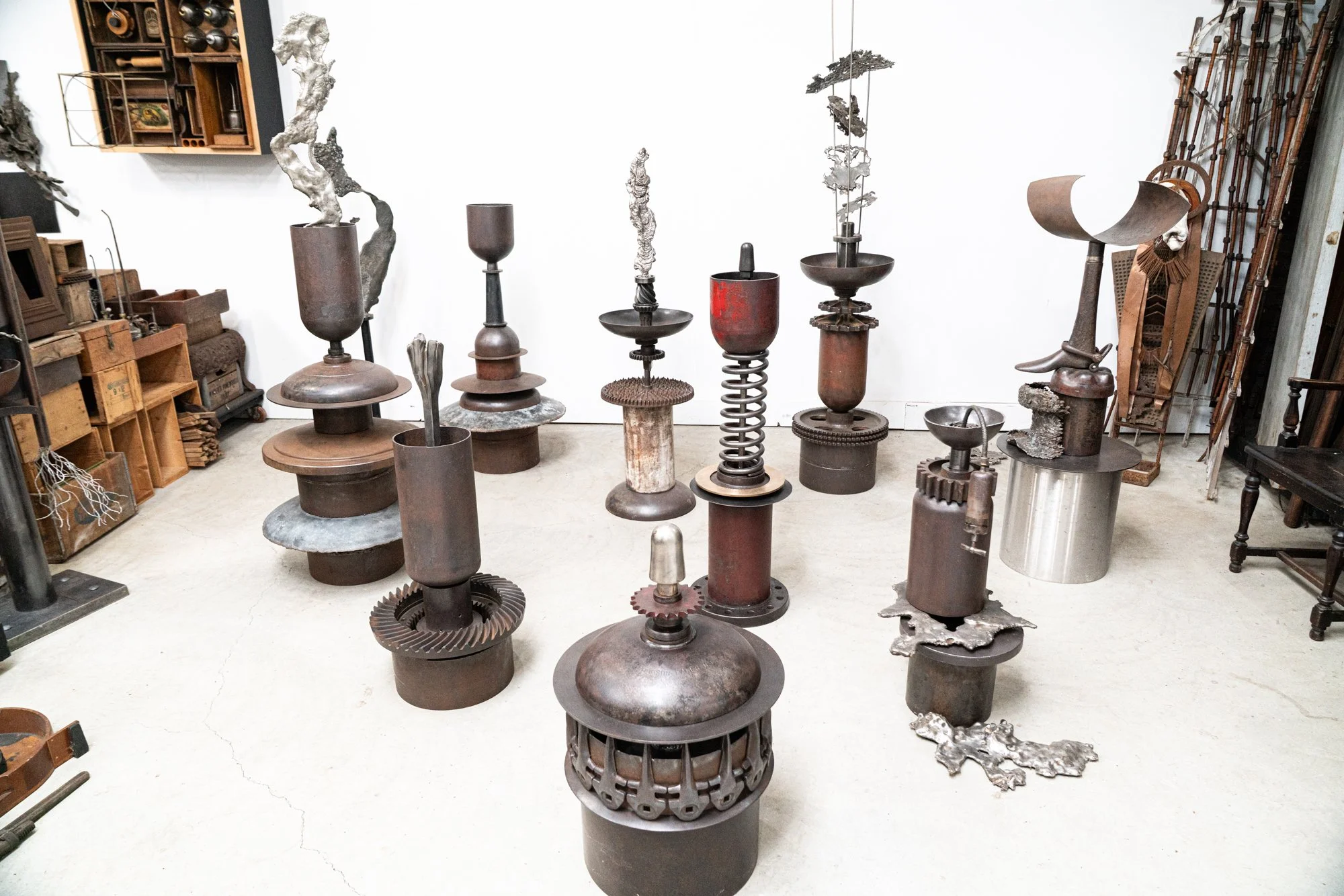 T-0 Steel Totems and Sound Vessels in the studio.
Categories: Steel Totems & Sound VesselsT-0 - View of Steel Totems / Sound Vessels in studio - In creating these sculptures, I was driven  by the desire to forge a unified artistic statement, utilizin