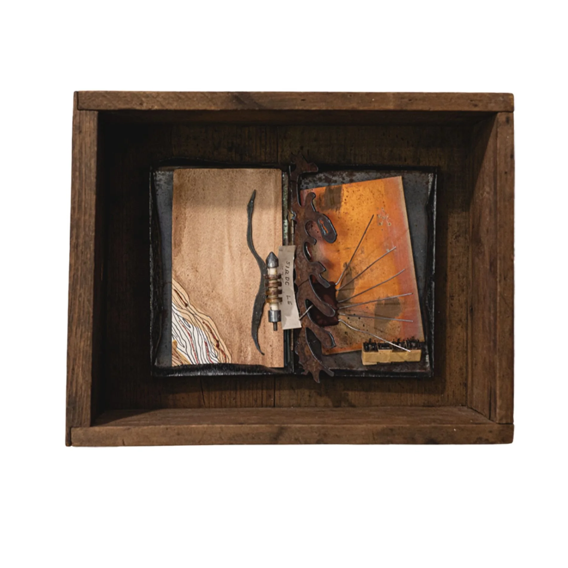 Glare / Entwined - Inspired by the glowing sunset. Vintage wood box, metal box, electrical component, plasma cut steel, painting. 9” x 12” x 5.” 2016