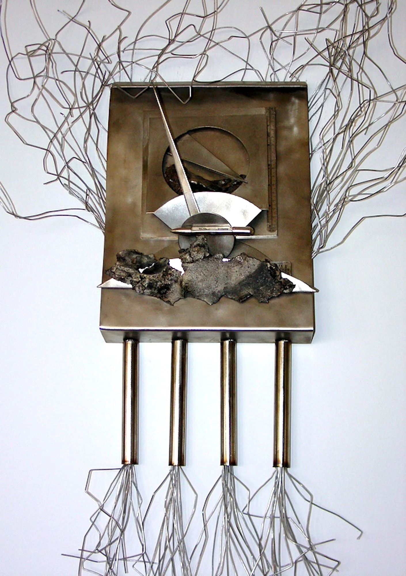 Measured Control - Inspired by stress and trying to keep it under control. 
Stainless steel, strength measuring tool. 39’ x 30” x 6.5” 1989. (in a private collection) 

