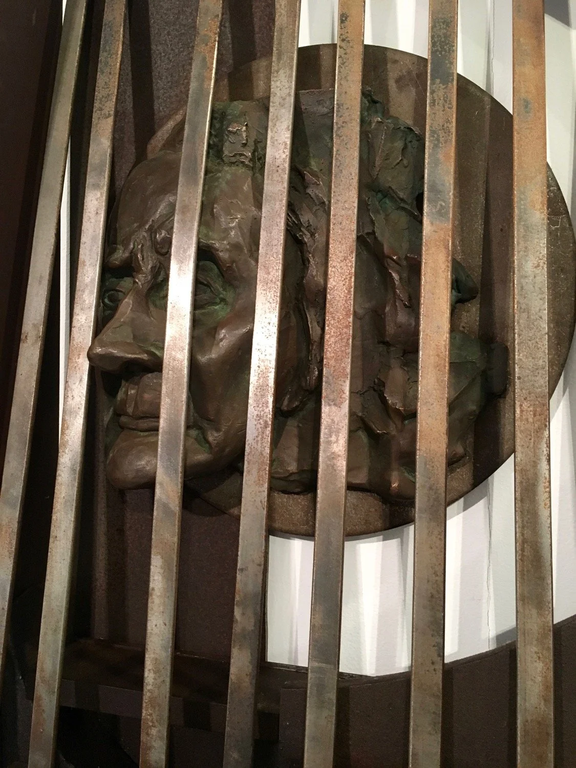 Final Vision / Anna - The bronze image in this piece is a casting I created of my great Aunt Anna. In her final years, she became a prisoner of her arthritic ridden body. She had a long creative life making beautiful tattings which adorned numerous c