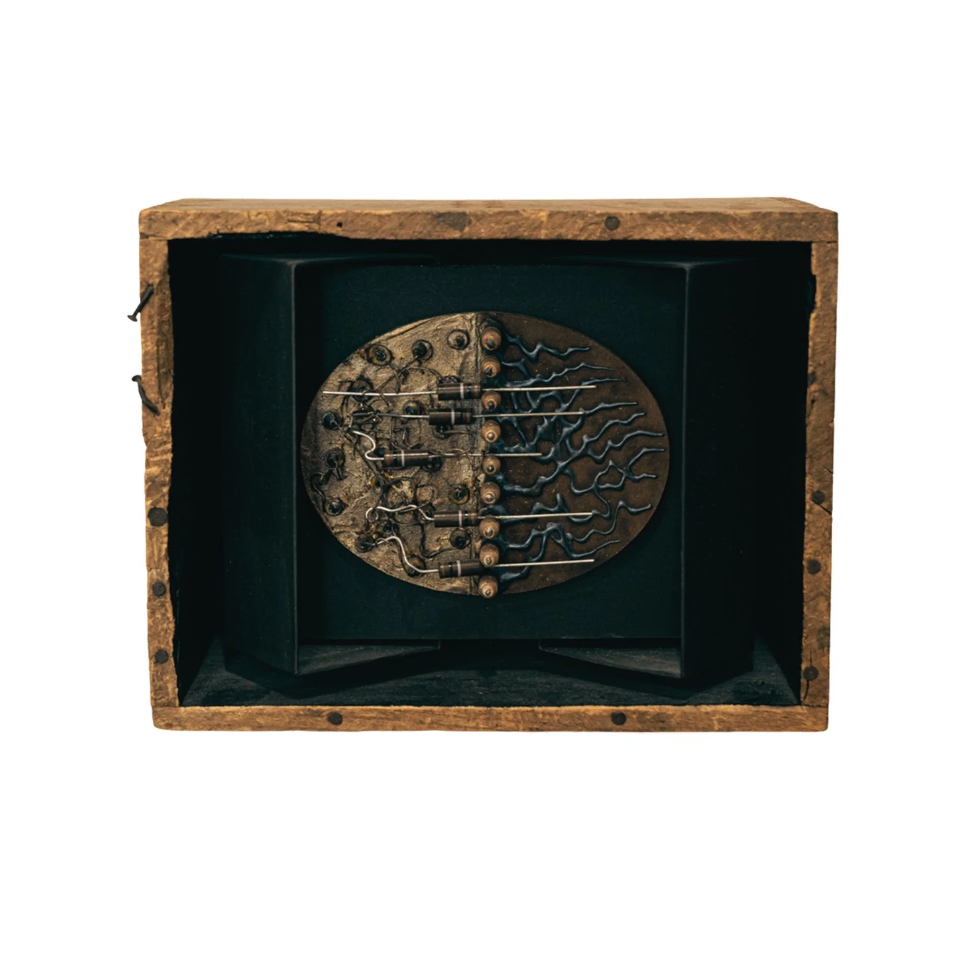 Resistors - Inspired the concept of resisting but penetrating a form. Vintage wooden box, cardboard, wood pegs, resistors, paint, beads. 5” x 7” x 4”.  2009