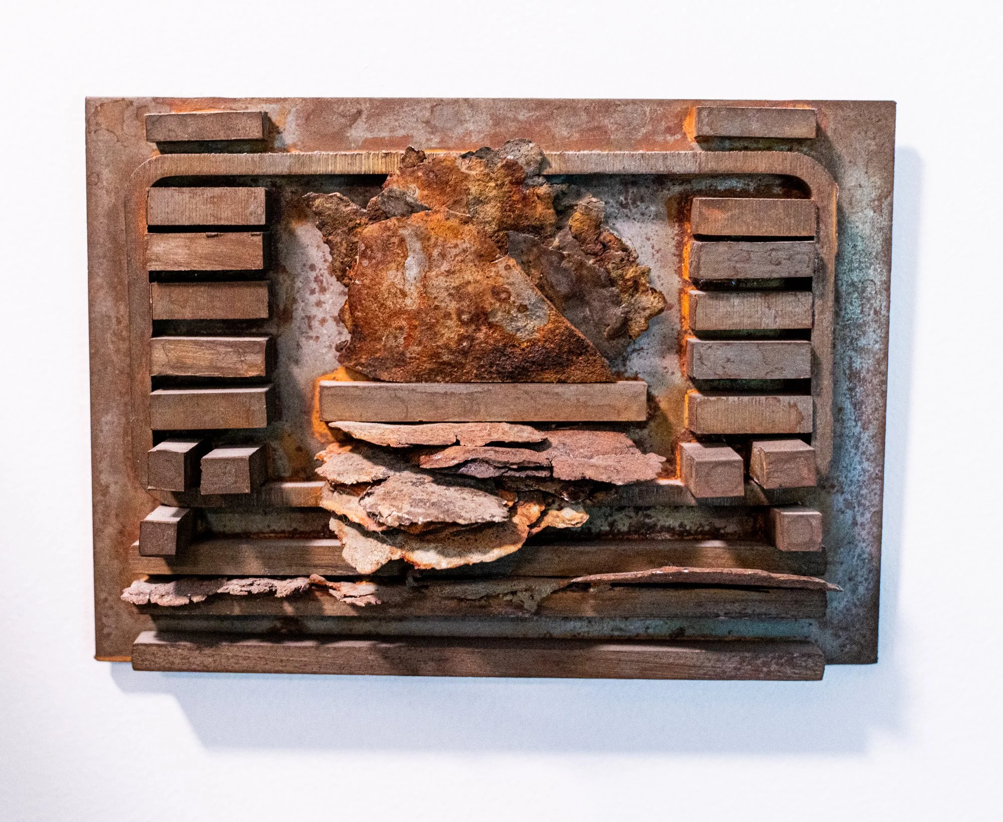 Western Landscape - Inspired by the colors of western landscape. Welded steel, cast stainless. This was one of three pieces sent to Budapest, Hungary to represent the United States.  5” x 7” x 2”. 1978
