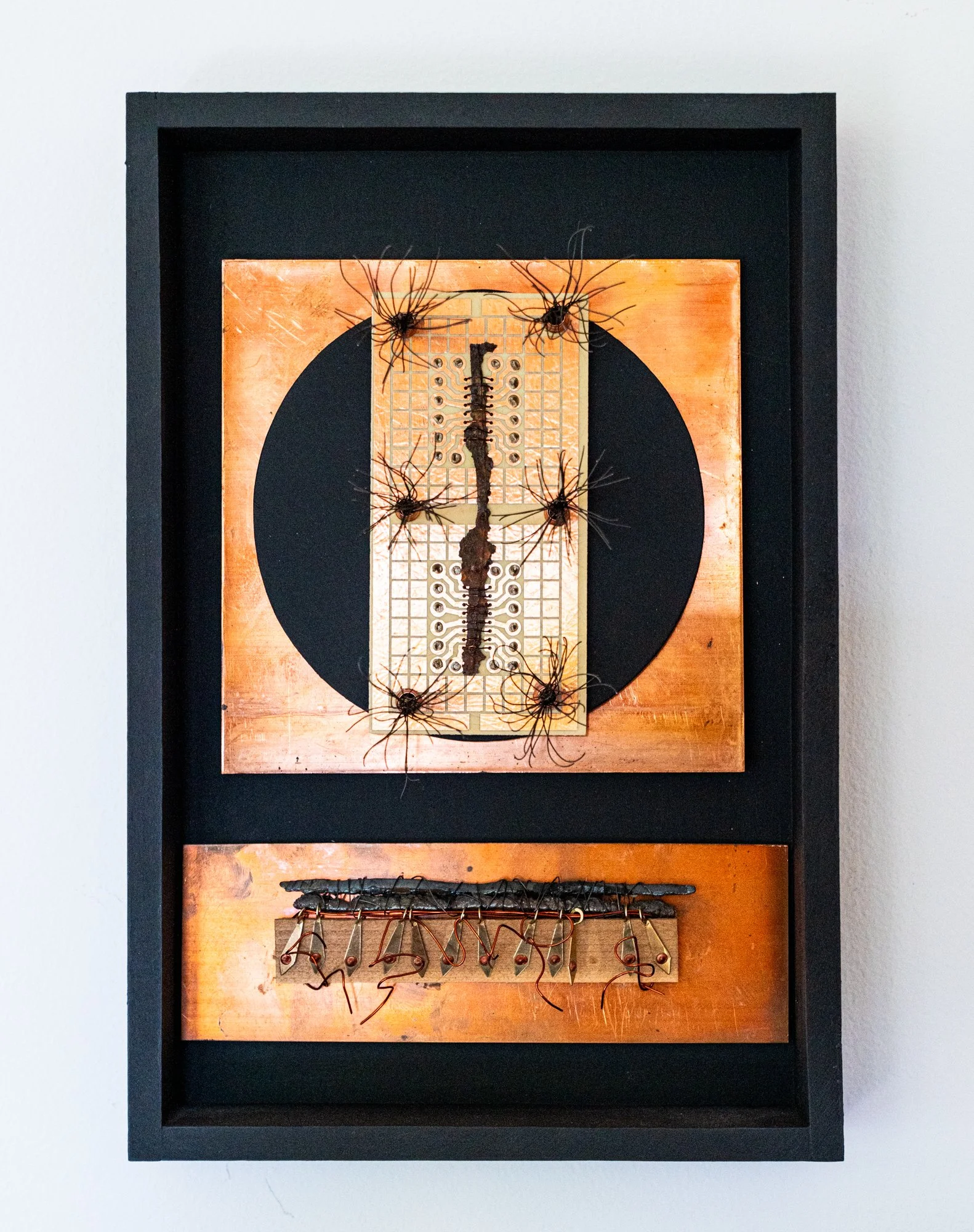 Raw Nerves - Exploring the concept of being stressed out. Wood, copper, steel, electric circuit board, wire, brass. 12” x 8” x 3” 2022