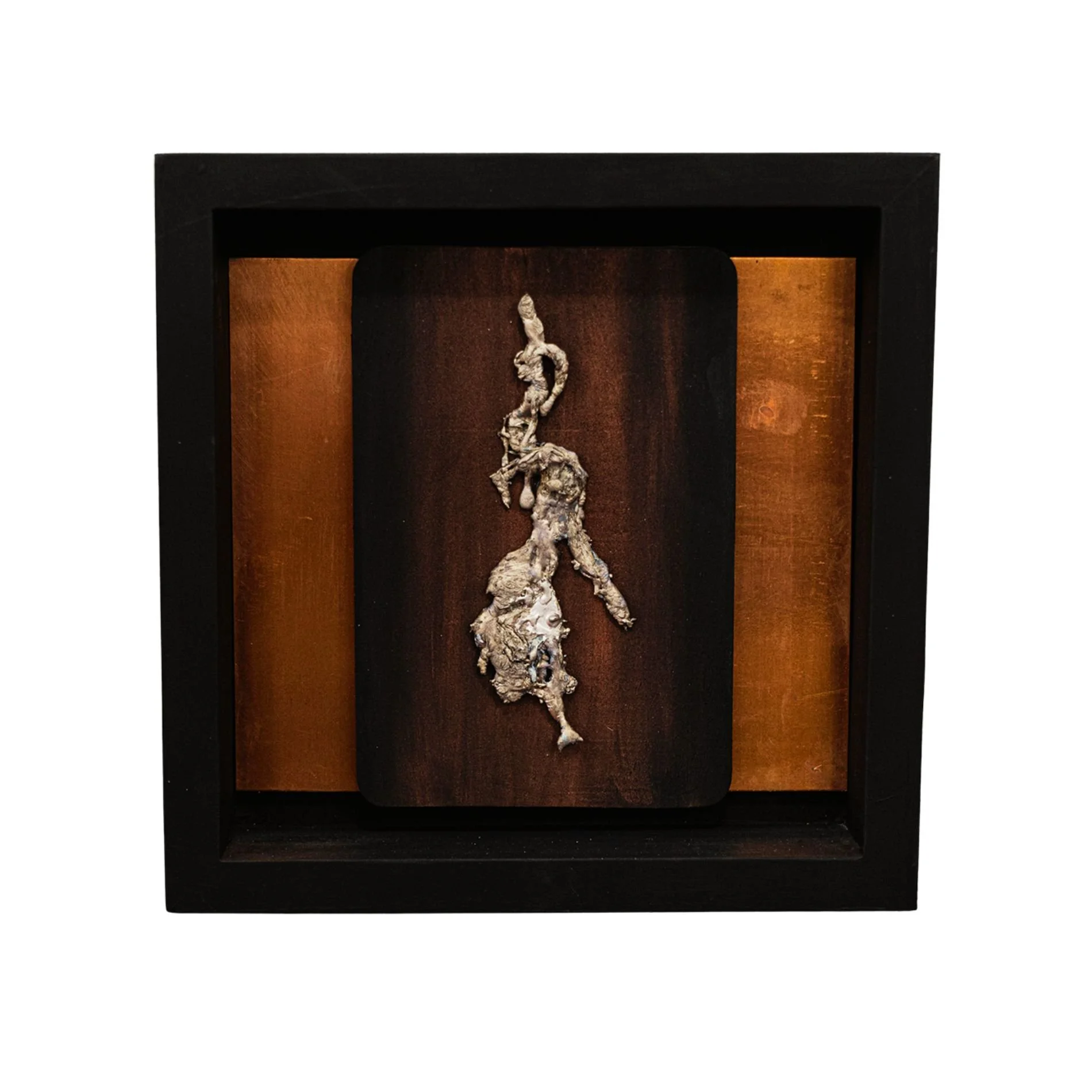 Enigma - Inspired by puzzling concepts. Wood, copper, cast bronze. 8” x8” x1.5” 2020