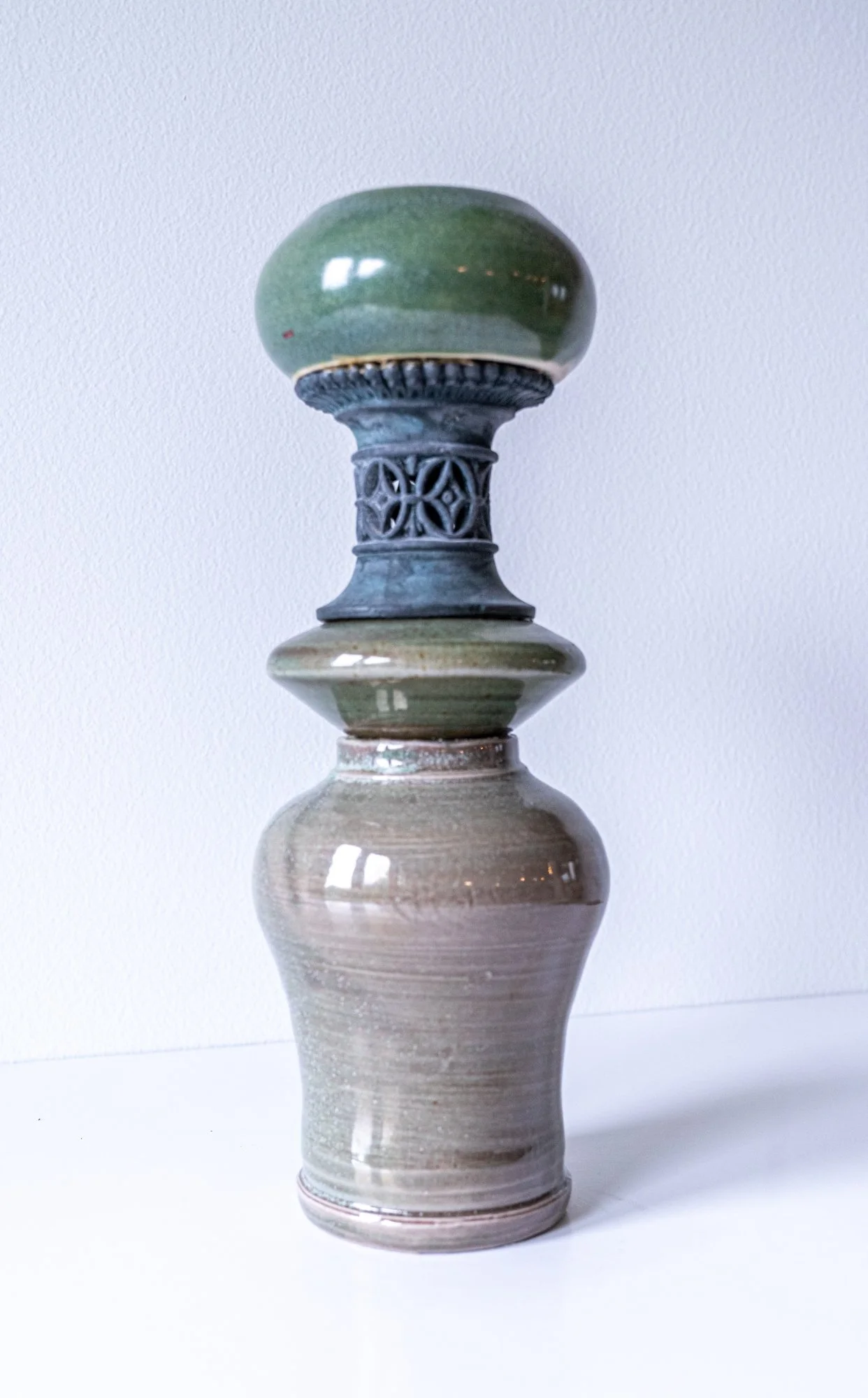 CT/V6 - Celadon Totem -Clay Totem Vessel -Three thrown clay pots, cast metal collar. 11.75” x 4” x4” 2020 