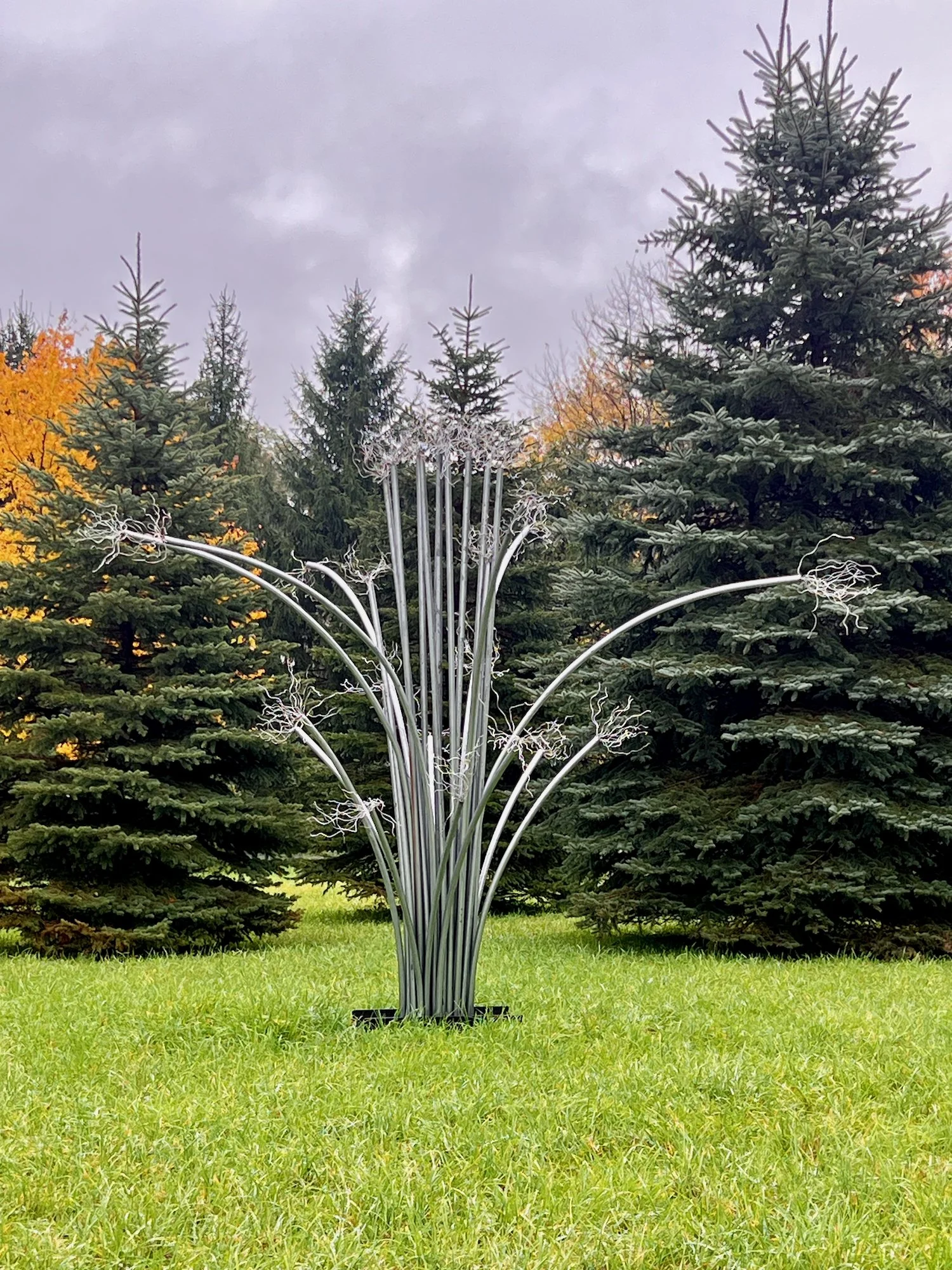 Infusion - My return to health, achieved through necessary and life-saving infusions, served as the inspiration for this work.  aluminum rods & wire, welded steel. 10’ x 12’ x 10’.created in 2022.