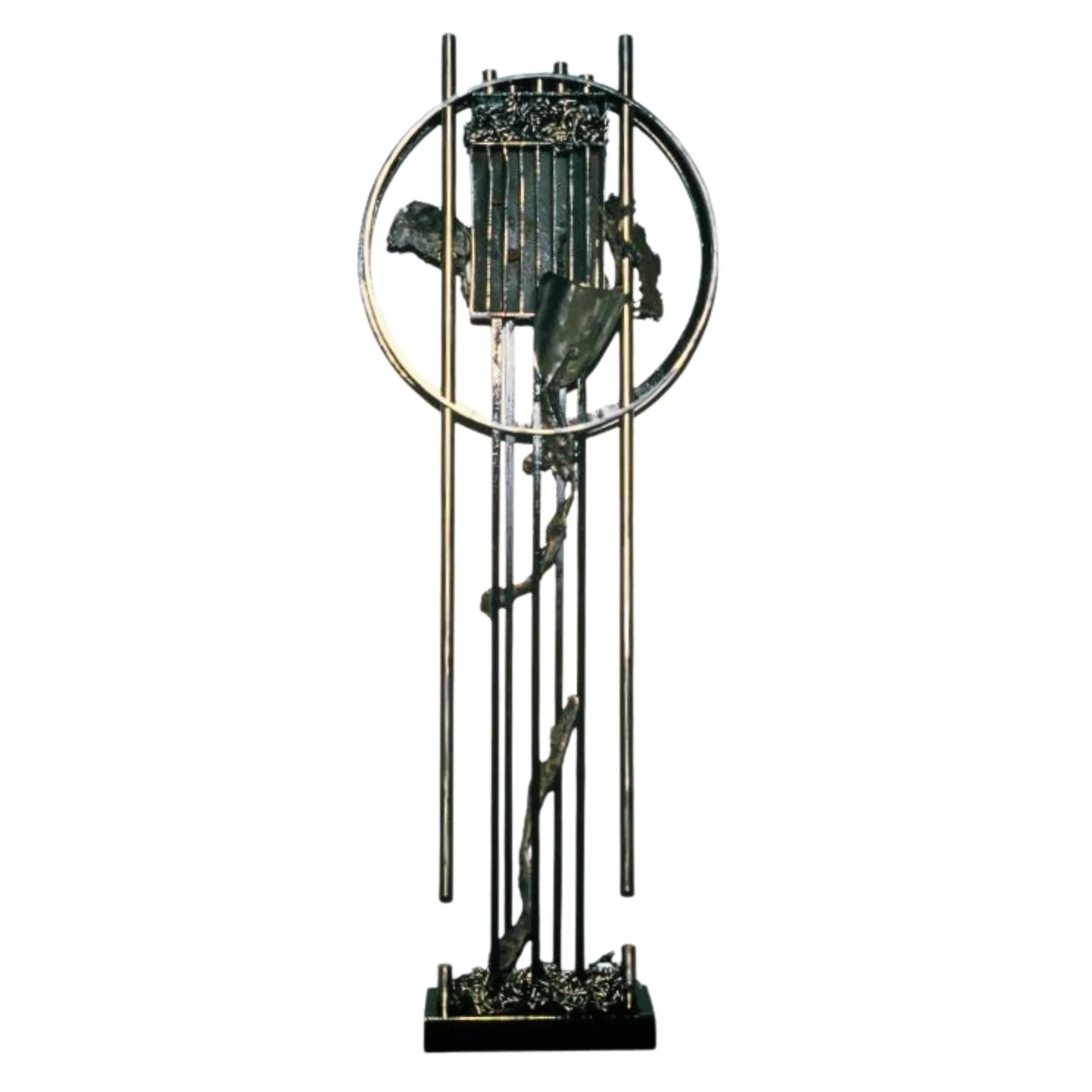 Losing Face - Concept of suffering humiliation, disgrace, or a loss of respect from others. Welded steel, cast stainless steel. 70” x 24” x 10.5” 1987. (in a private collection)