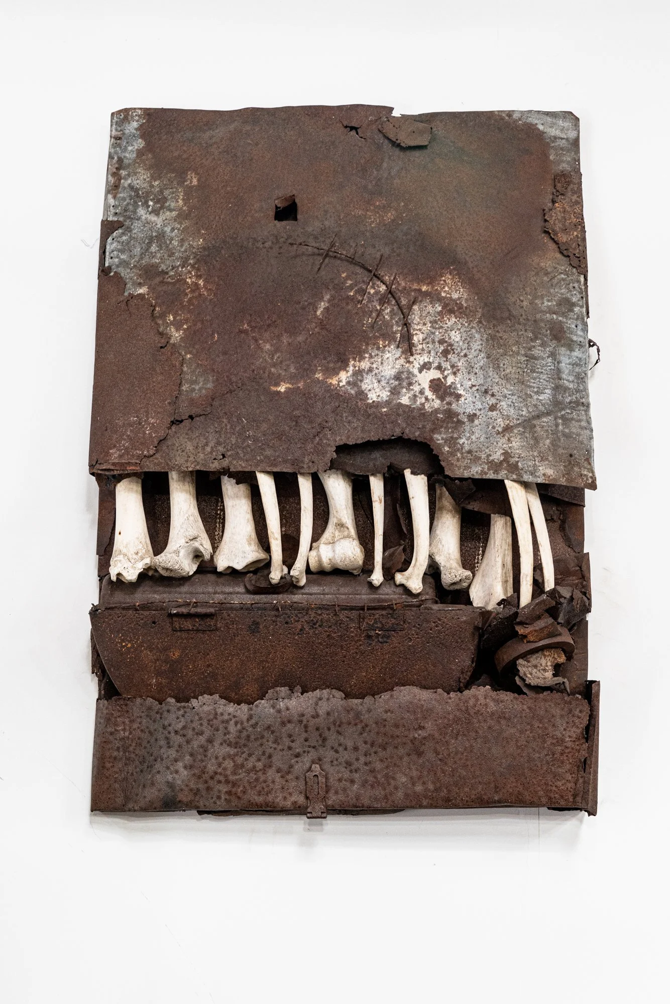 Time Worn - Inspired by the resilient nature of bones and tin roofing  when left to weather. Cow bones, tin roofing material. 44’ x 30” x 7”. 1986