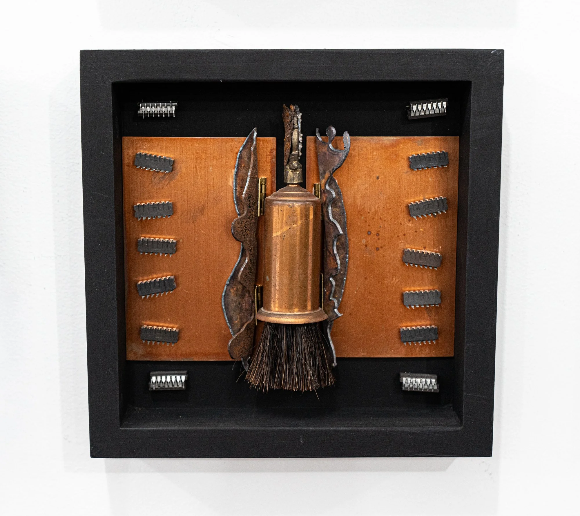 Dismiss - To address and resolve problems by sweeping them away. Copper plates, Copper encased brush, electrical components, plasma cut steel. 8” x 8” x 1”. 2020 (in a private collection)