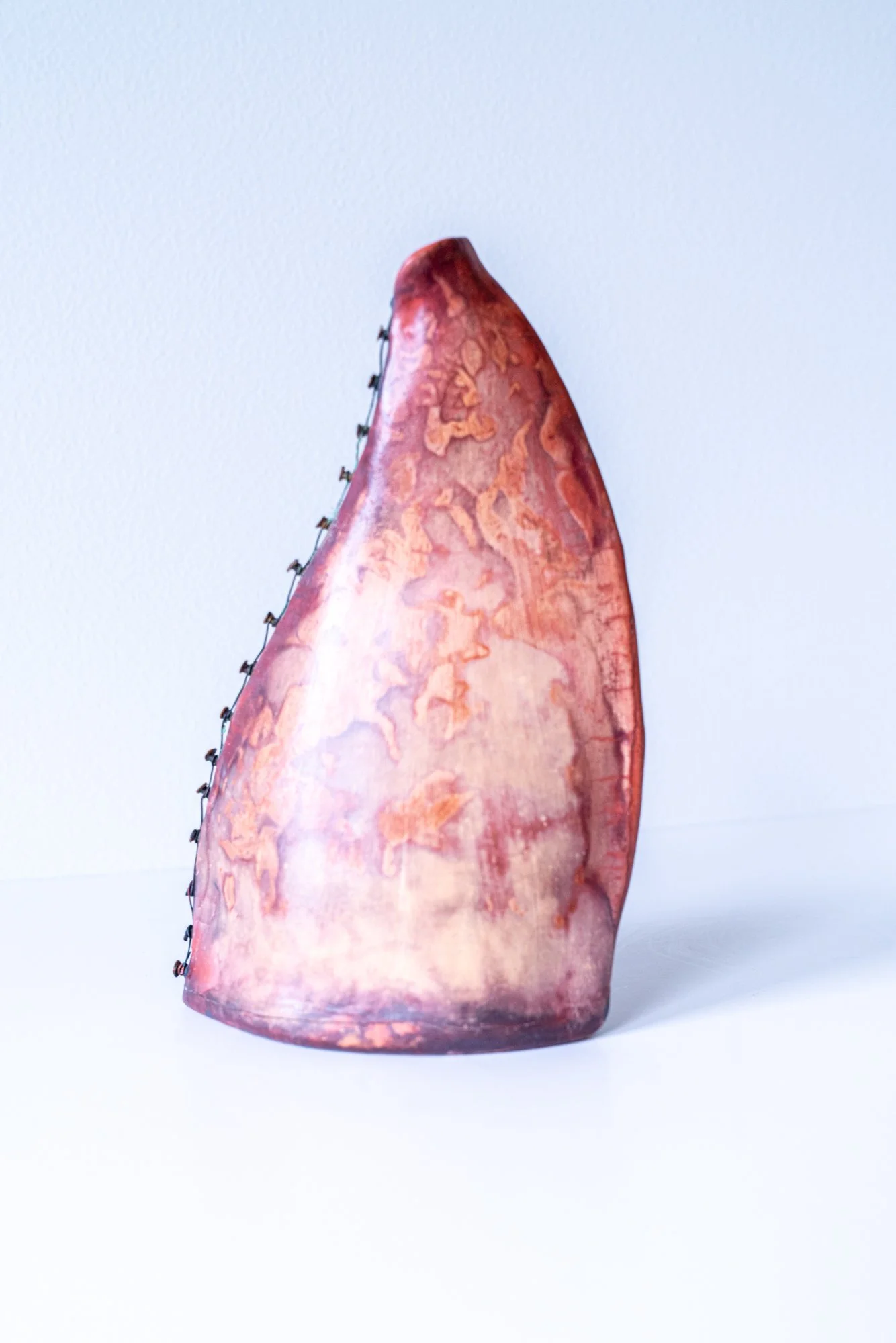 Saggar Vessel - Handbuilt clay with brads, wire. 9” x 9” x3” 