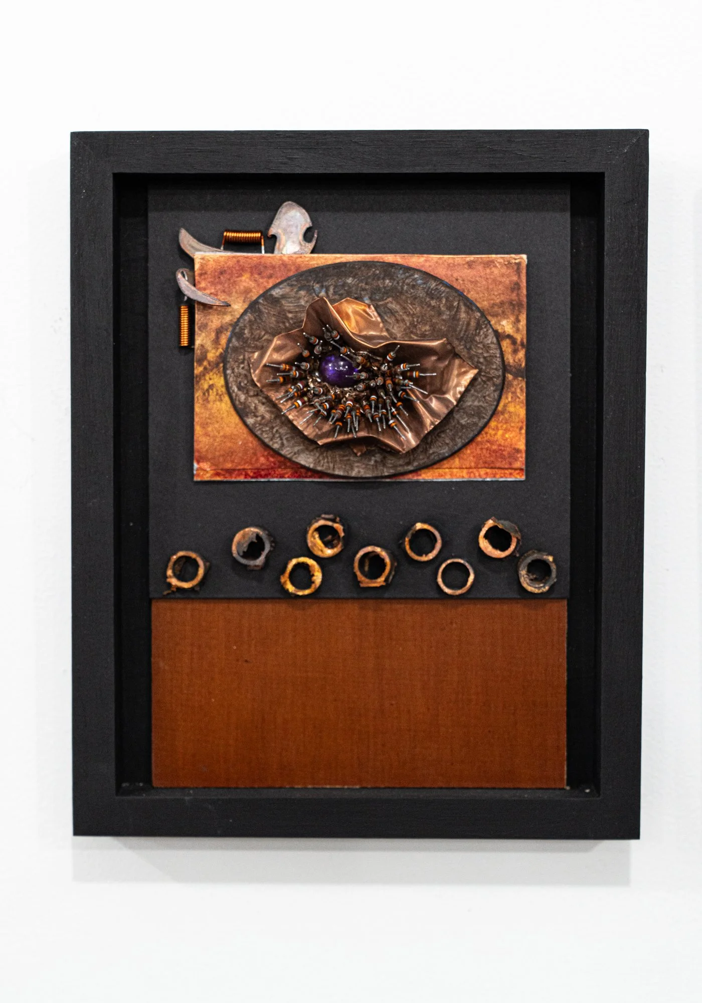 Decoy - A visual technique used to direct the viewer's attention to a specific part of the composition. Copper plate & tubing, circuit board, electronic components, mattboard, paint, wood frame. 10’ x 8” x 1.5” 2014