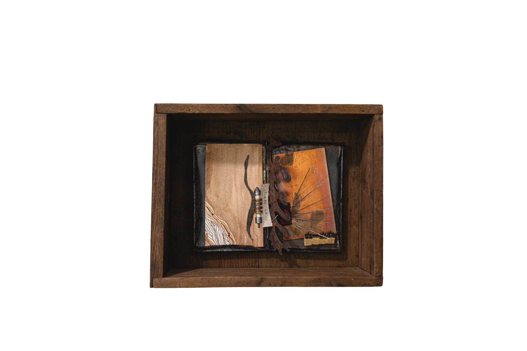 Glare / Entwined - Inspired by the glowing sunset. Vintage wood box, metal box, electrical component, plasma cut steel, painting. 9” x 12” x 5.” 2016