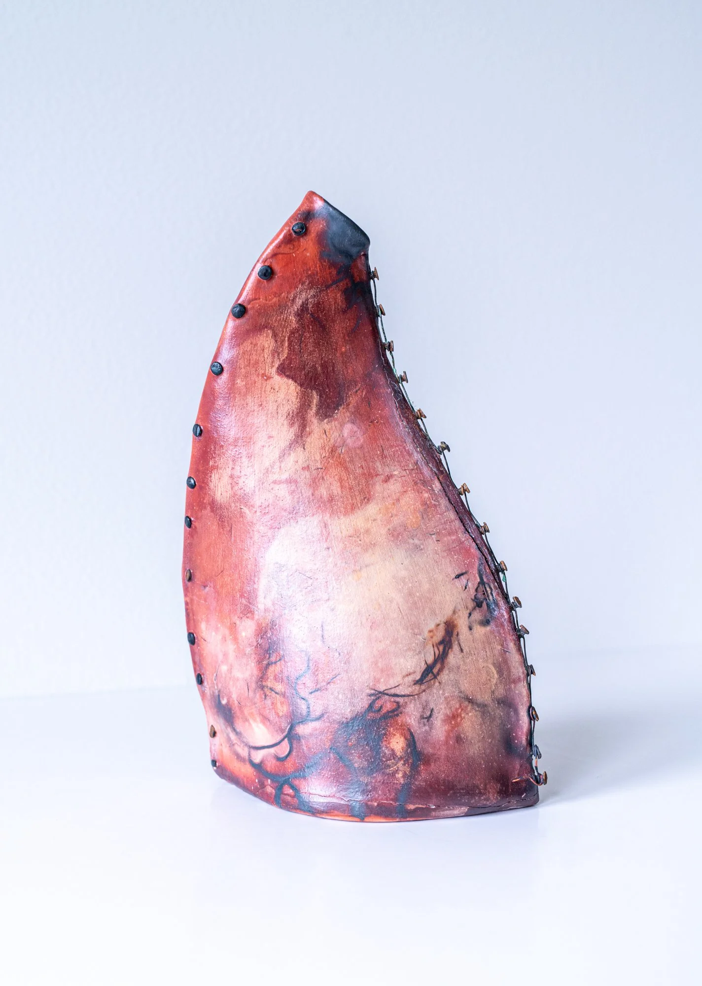 Saggar Vessel - Handbuilt clay with brads, wire. 9” x 9” x3” 