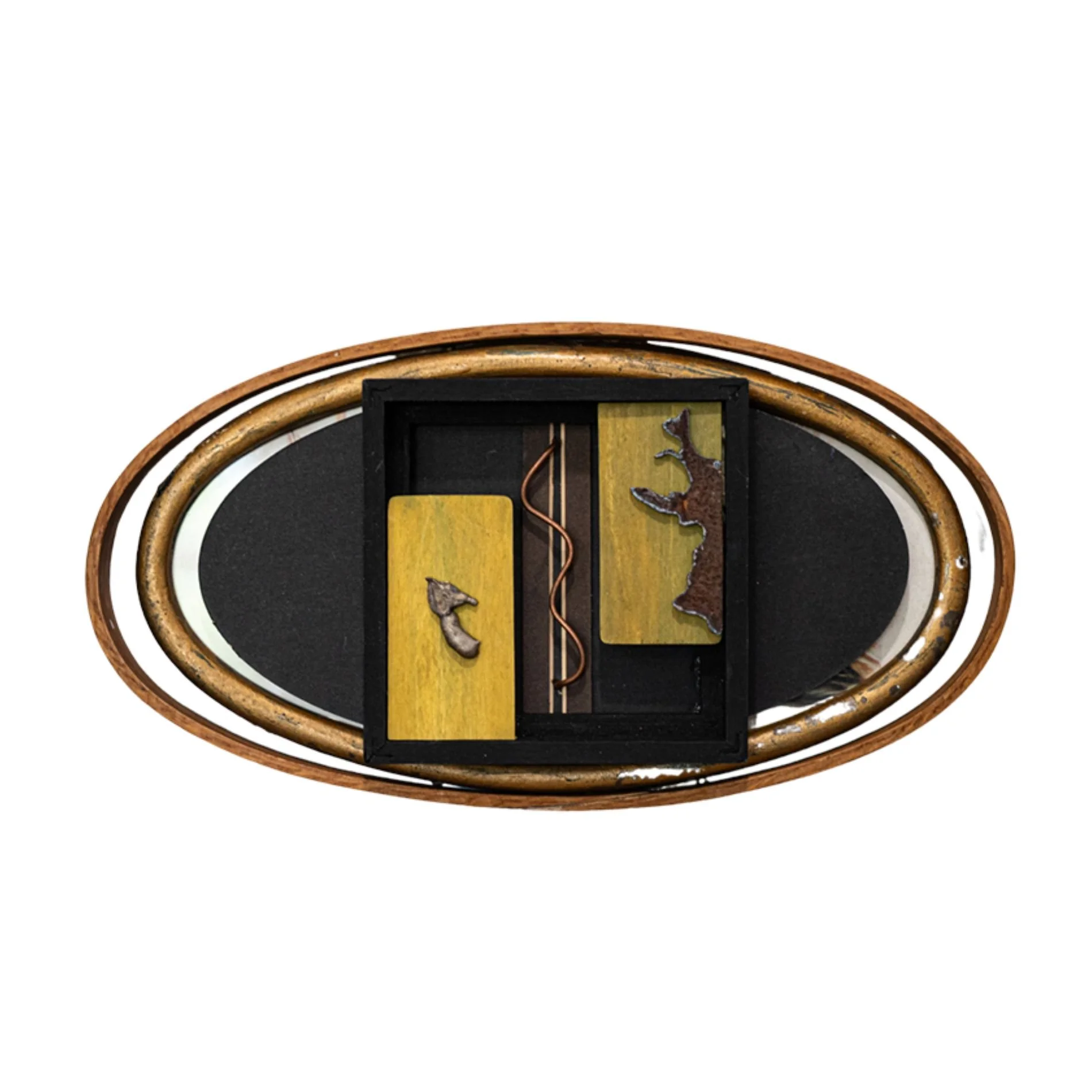 Junction - A study inspired by the place where two or more things intersect. Oval frames, matt board, plasma cut steel. 5” x 9” x 1”. 2023