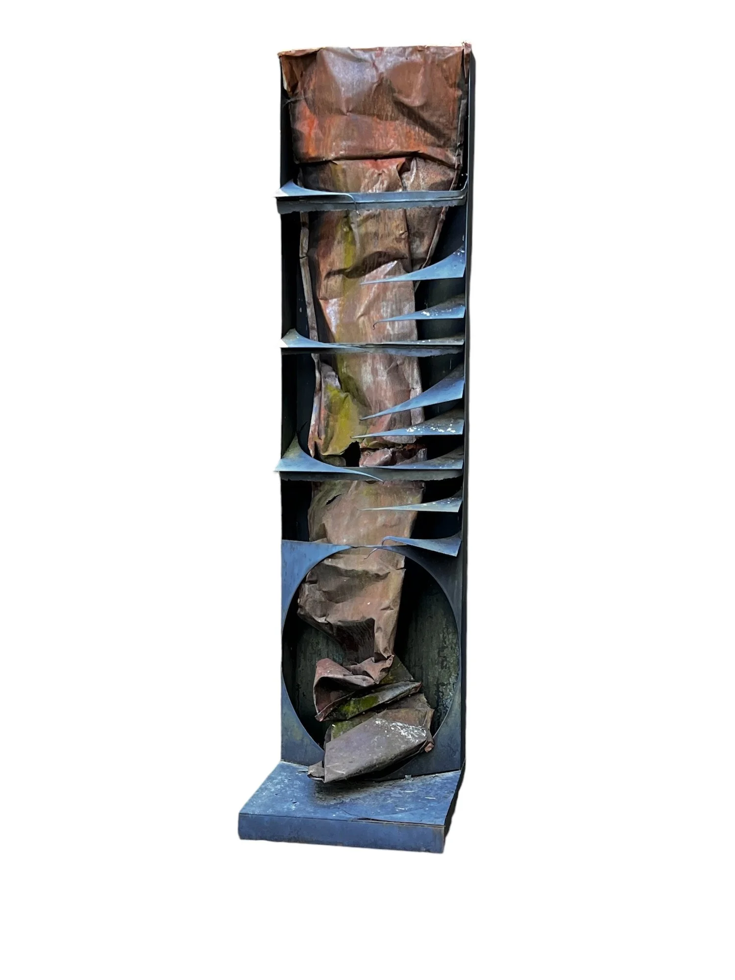Under the Influence - Inspired by the impairment created by alcohol and drugs. Welded steel, tin roofing. 10’ x 2’ x 3’. 1995