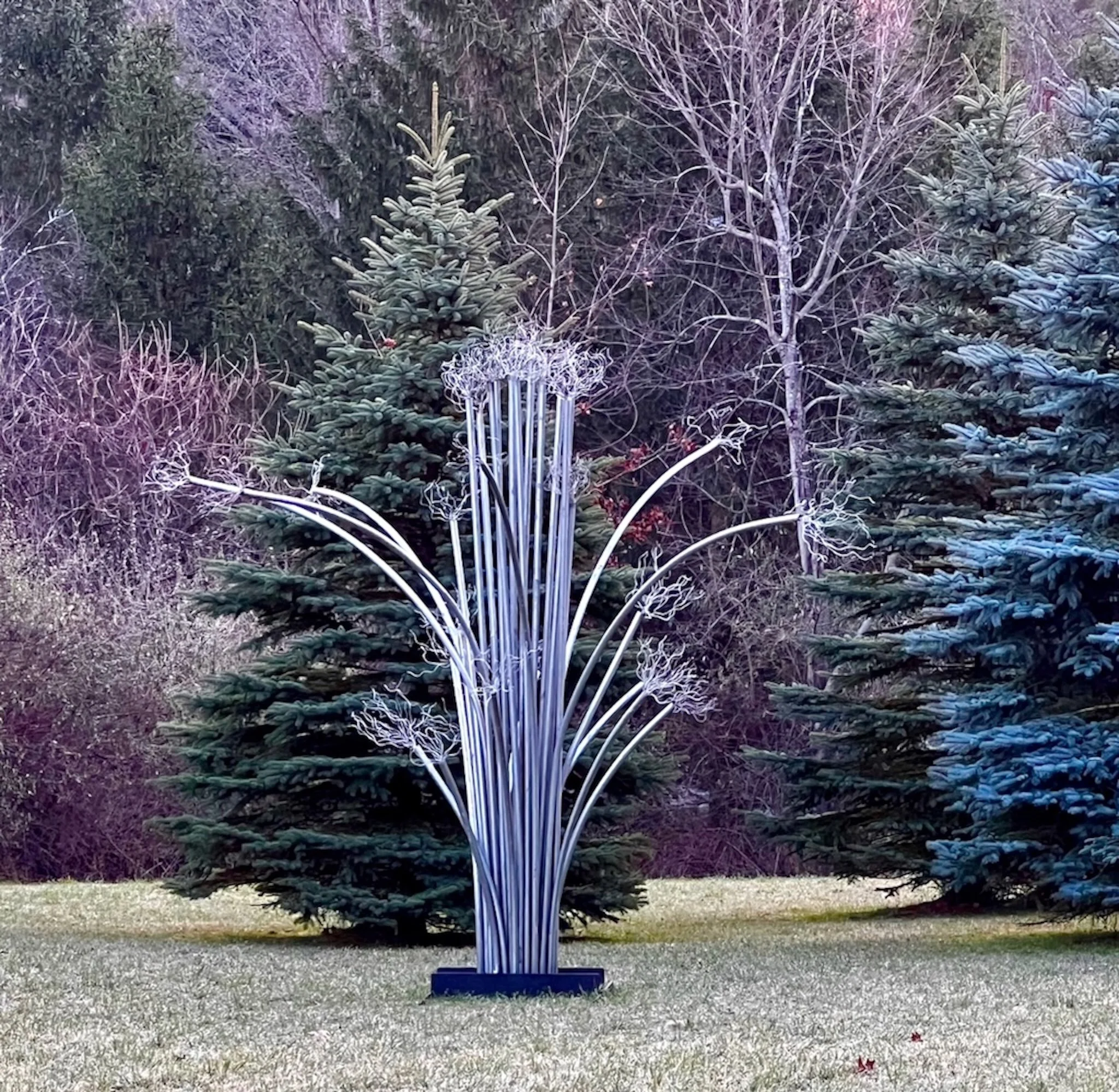 Infusion - My return to health, achieved through necessary and life-saving infusions, served as the inspiration for this work.  aluminum rods & wire, welded steel. 10’ x 12’ x 10’.created in 2022.