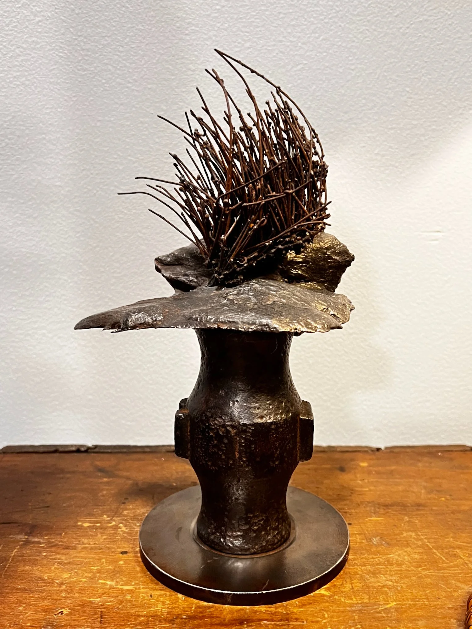 Tuft - Inspired by the close set of wires clustered together at the base. Welded steel, machine parts, cast stainless, wire. 7” x 3.5” x 3”. 2019.
(in a private collection) 

