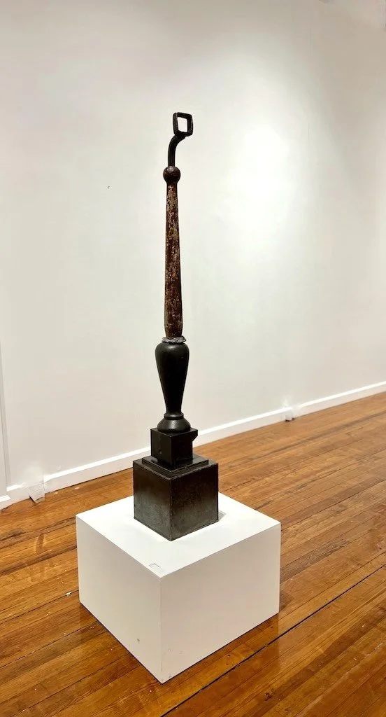 Seeker - Inspired by the idea of searching to obtain truth or knowledge. Welded steel, lead, vintage metal post. 56.25” x 9” x 9”. 2021