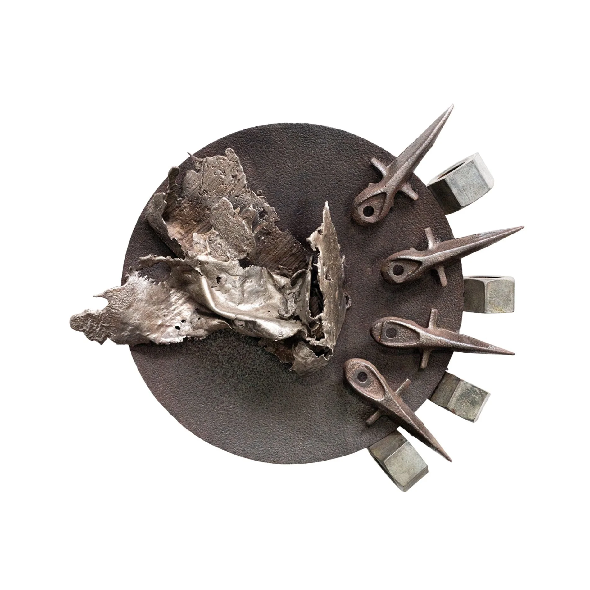 Navigator - Inspired by looking for direction. Welded steel, cast stainless steel. 21” x 21” x 6”. 1995
