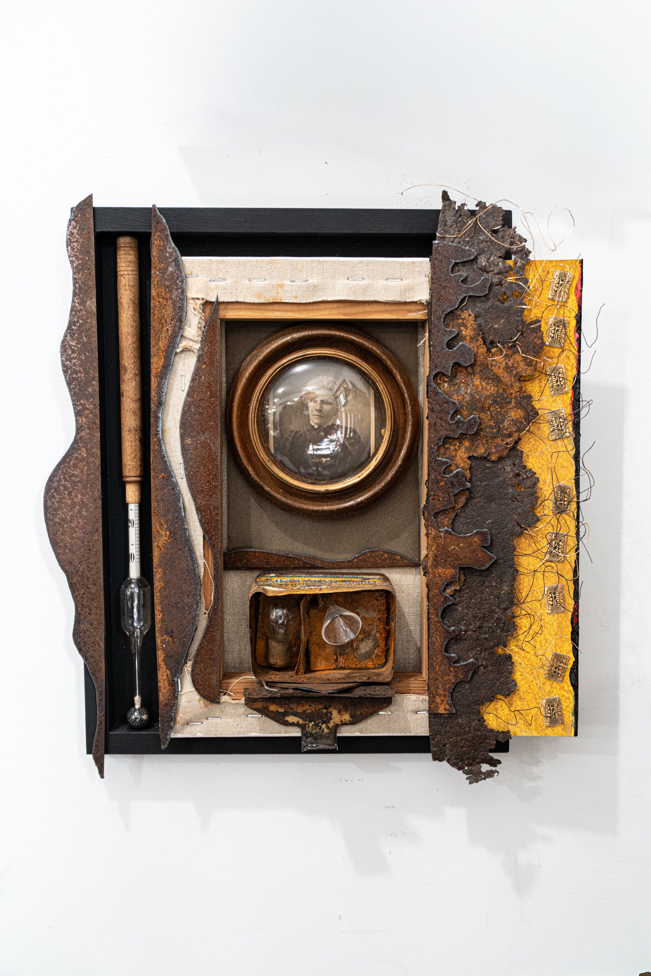 Lights Out - One from the covid series indicating death. Vintage framed image, wood, metal box, thermometer, plasma cut steel, paint, brass. 15.25” x 14.5” x 2.5”. 2021