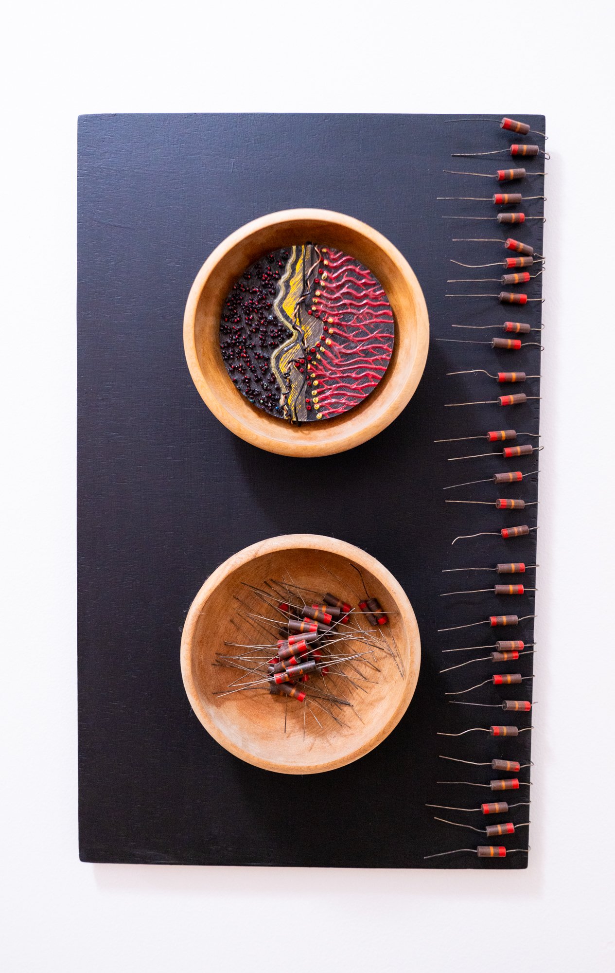 Vessels - Inspired by that which holds items. Wooden bowls, electrical resistors, paint, beads, wire.21.5” x 12.25” x 3.5” . 2013