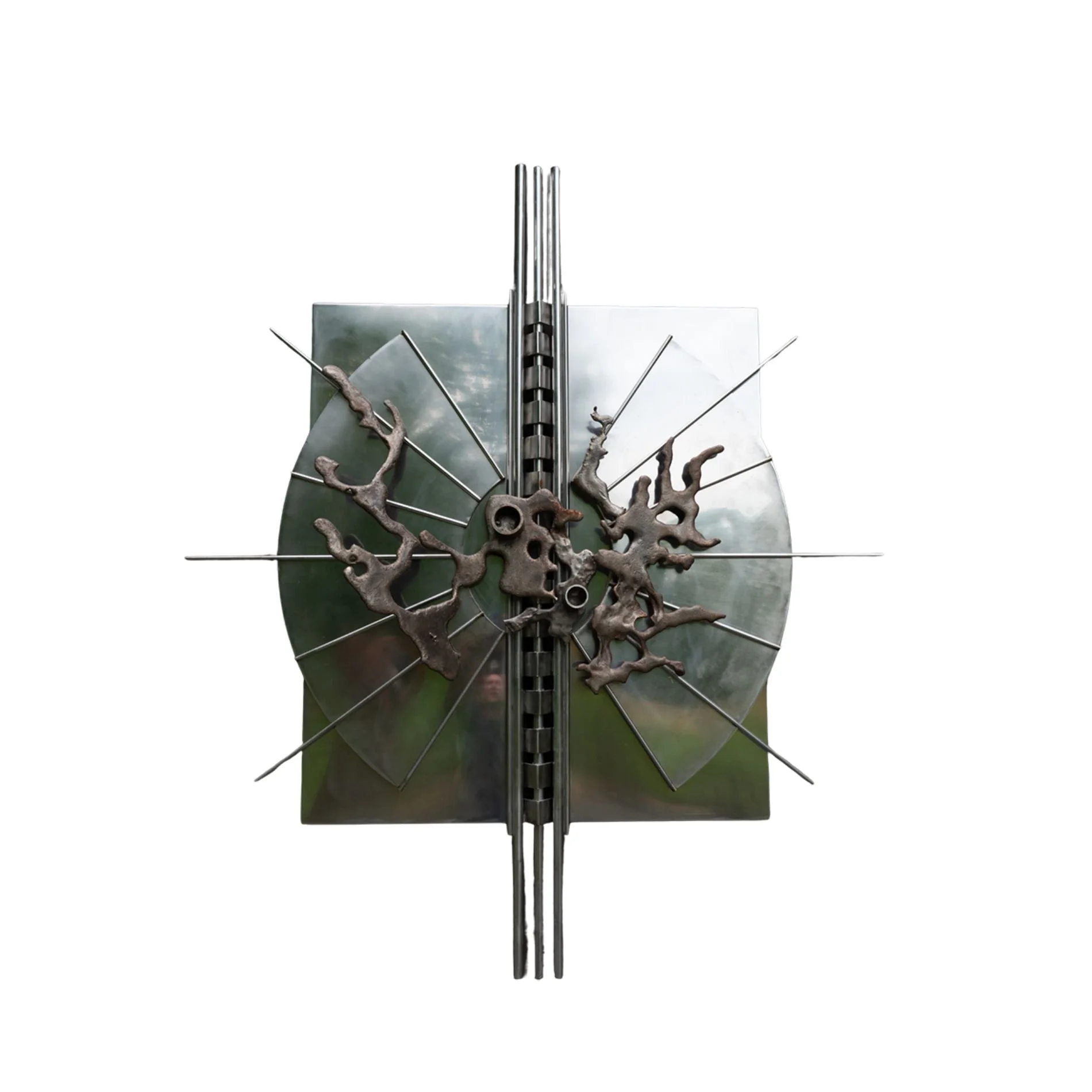 Visionary Burst - Inspired by the intense, sudden explosion of an idea. 
Welded stainless steel. 6’ x 5’ x 14” 1989