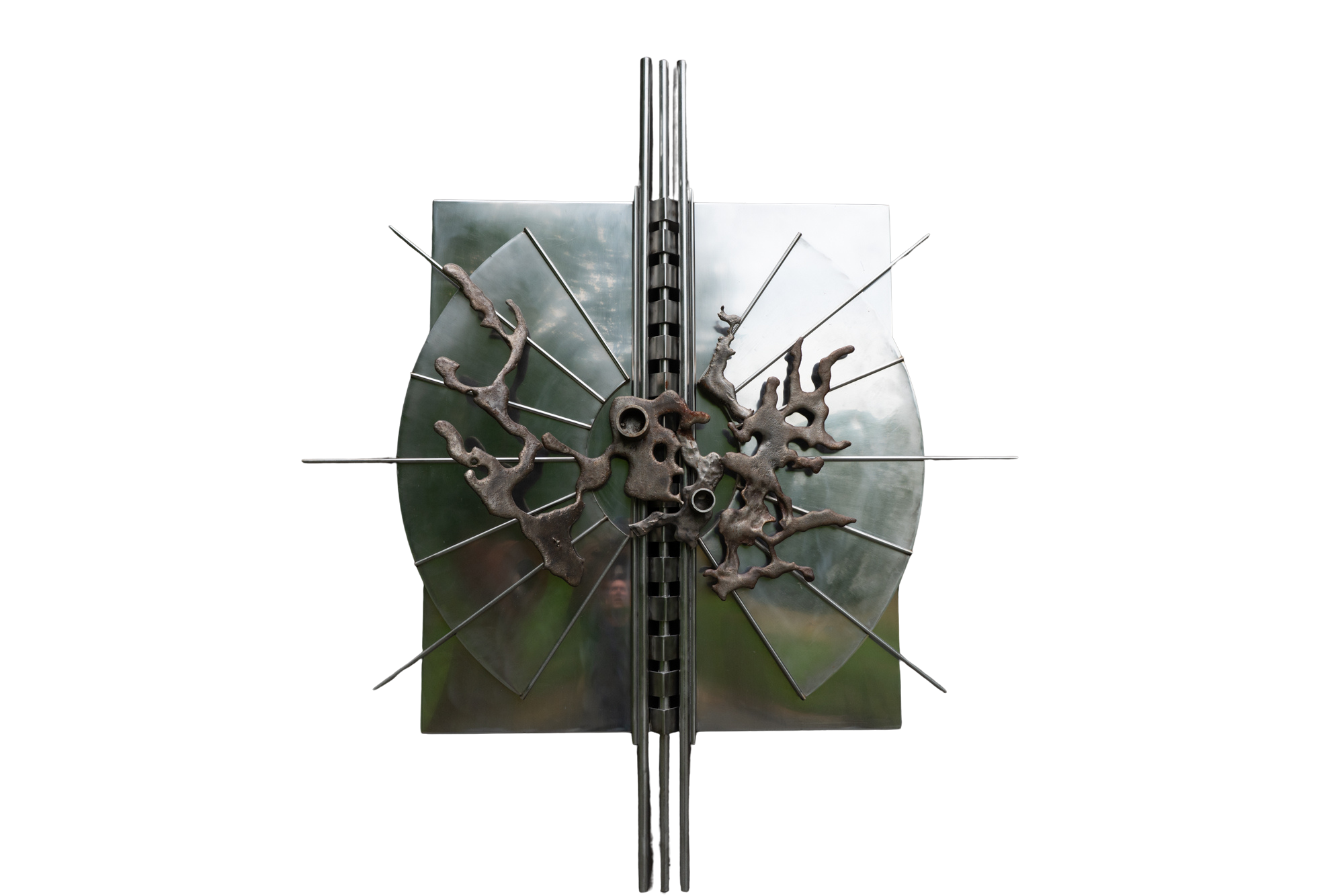 Visionary Burst - Inspired by the intense, sudden explosion of an idea. 
Welded stainless steel. 6’ x 5’ x 14” 1989
