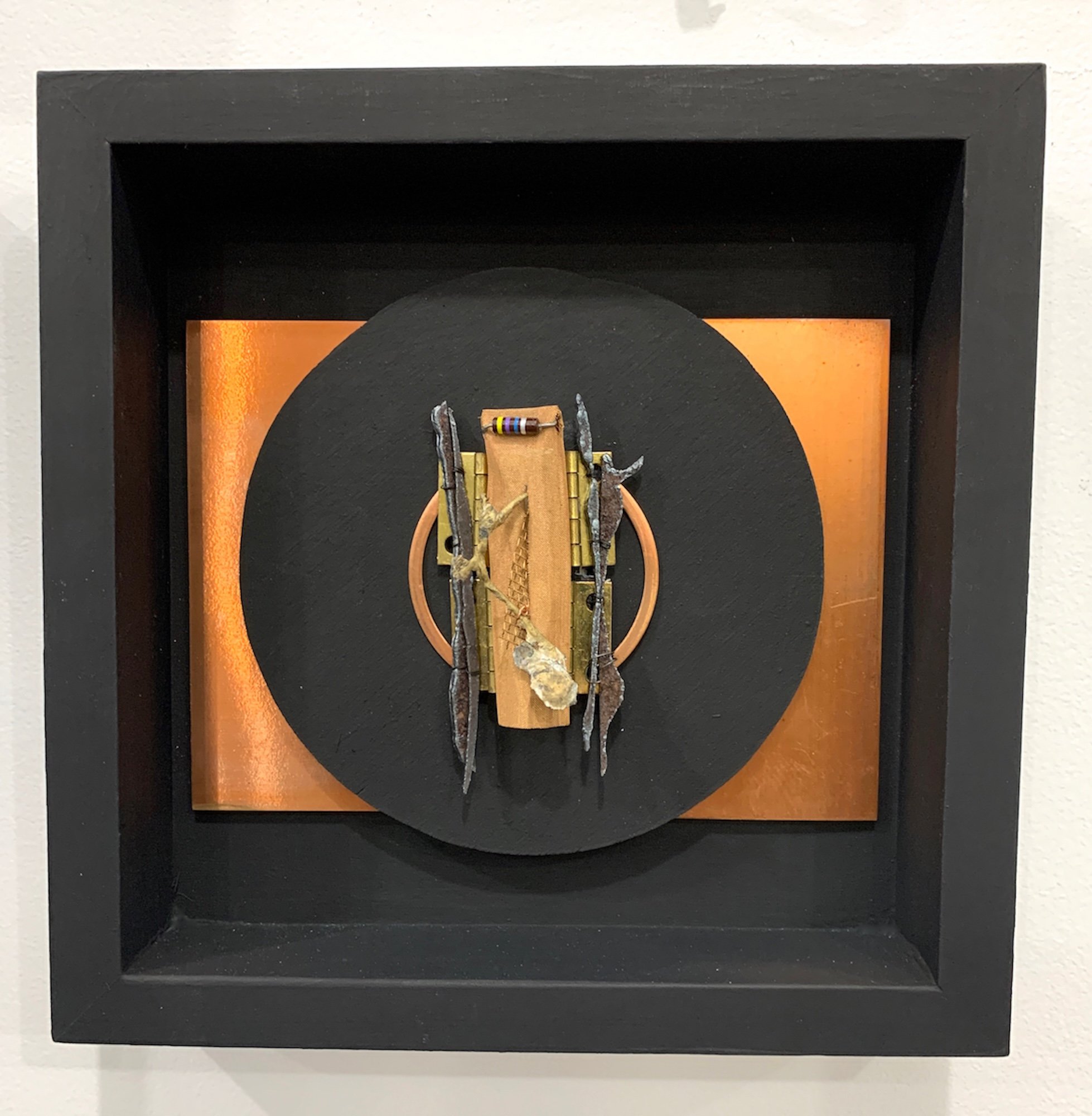 Enfold - Inspired by the concept of hugging or enclosure. Copper, brass screening, electrical components, plasma cut steel. 8” x 8” x 1.5” 2020 (in a private collection)