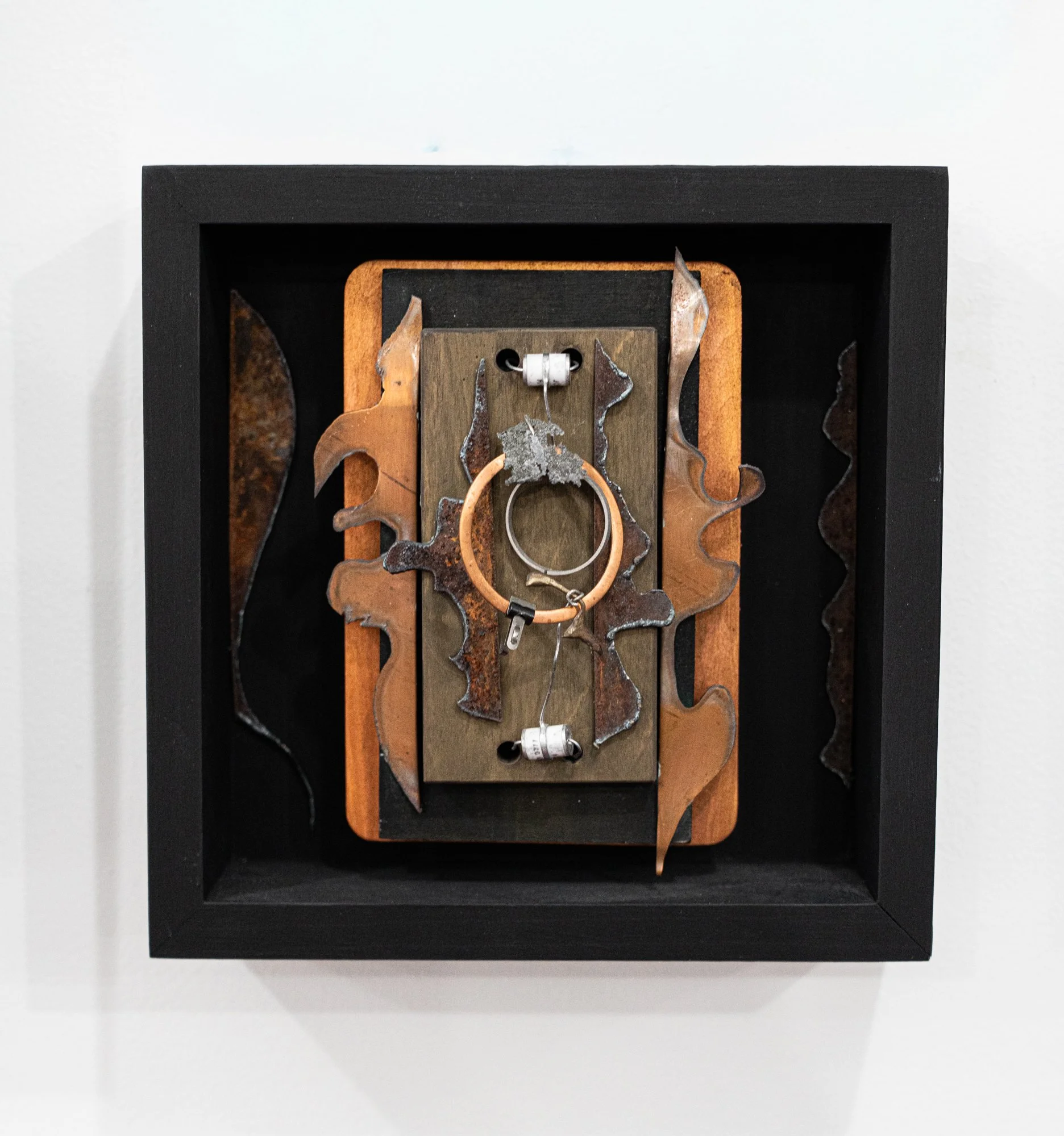 Interference - Inspired by the act of obstructing an action. Wood, copper, electrical components, steel, small paper clips. 8” x 8” x 1.5”. 2020.