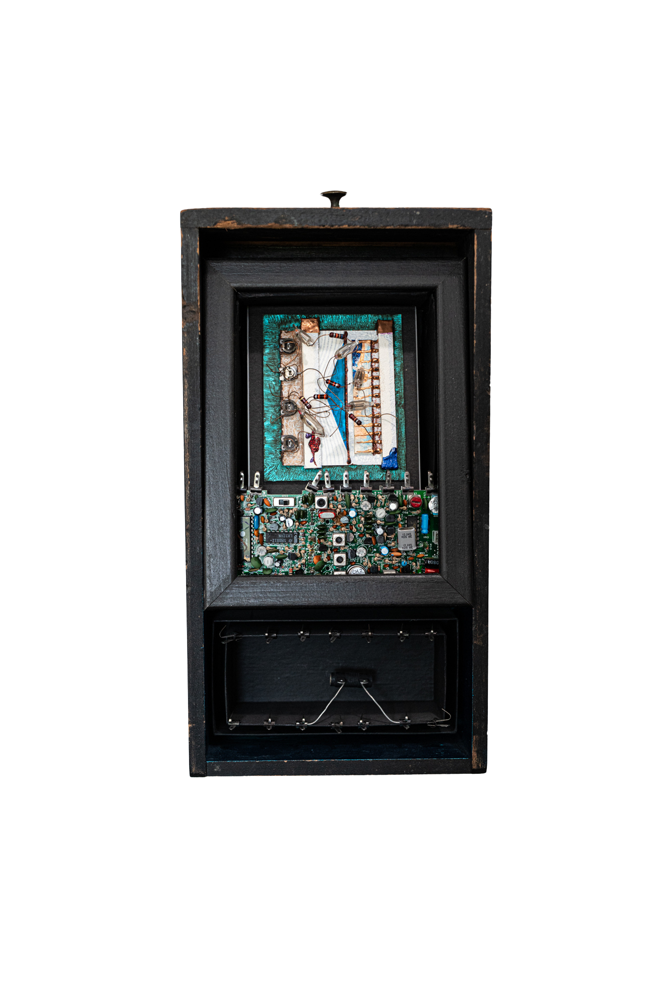 Transmit Capacity - Inspired by the transfer of communication. Electronic components, vintage drawer, wood, paint, metal clips. 13.5” x 7” x 3.5” 2015