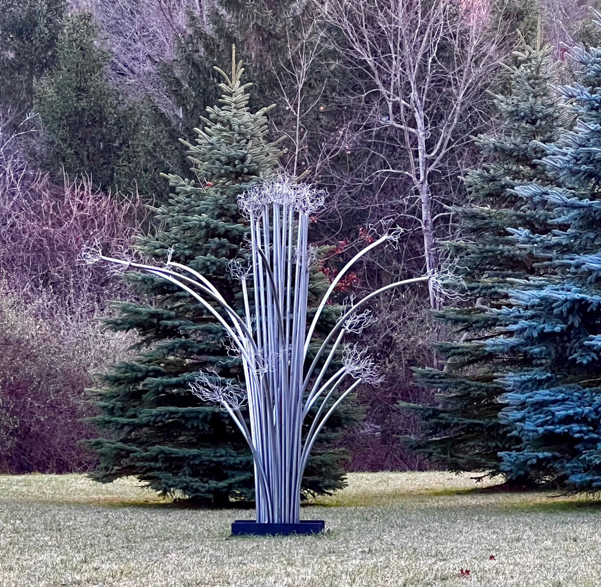 Infusion - My return to health, achieved through necessary and life-saving infusions, served as the inspiration for this work.  aluminum rods & wire, welded steel. 10’ x 12’ x 10’.created in 2022.