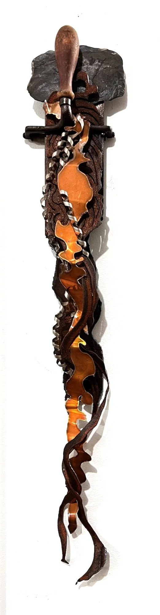 Wall Brayer - Inspired by the vintage brayer used in printmaking. Copper, stainless wire, plasma cut steel, vintage bayer, shale rock. 