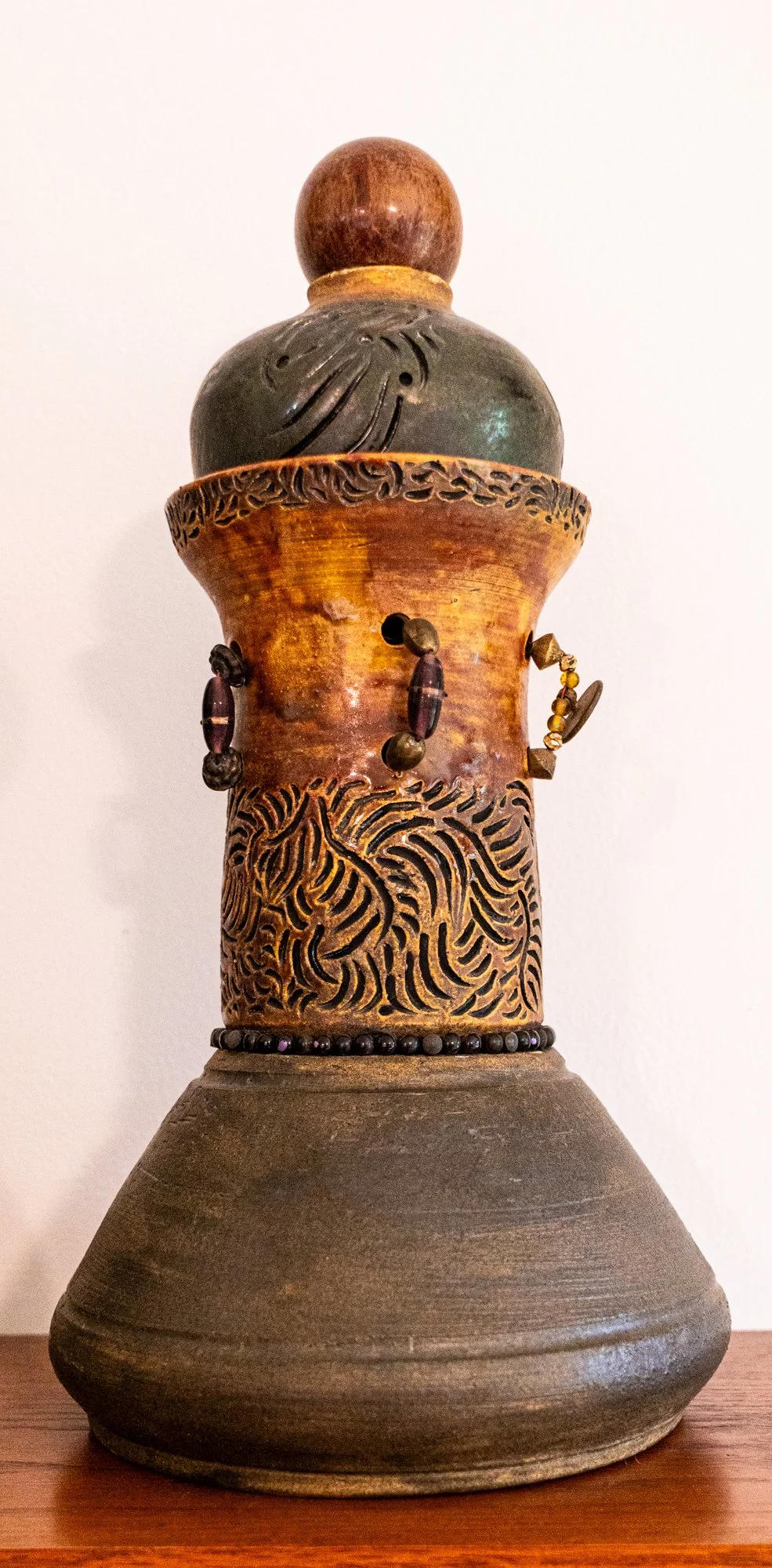CT/V2 Beaded Combo Clay Totem Vessel #2 - 3 thrown sections. 2 carved, beads, wire, knob from car stick shift. 13.5” x 6.5” X 6.5.” 2020
