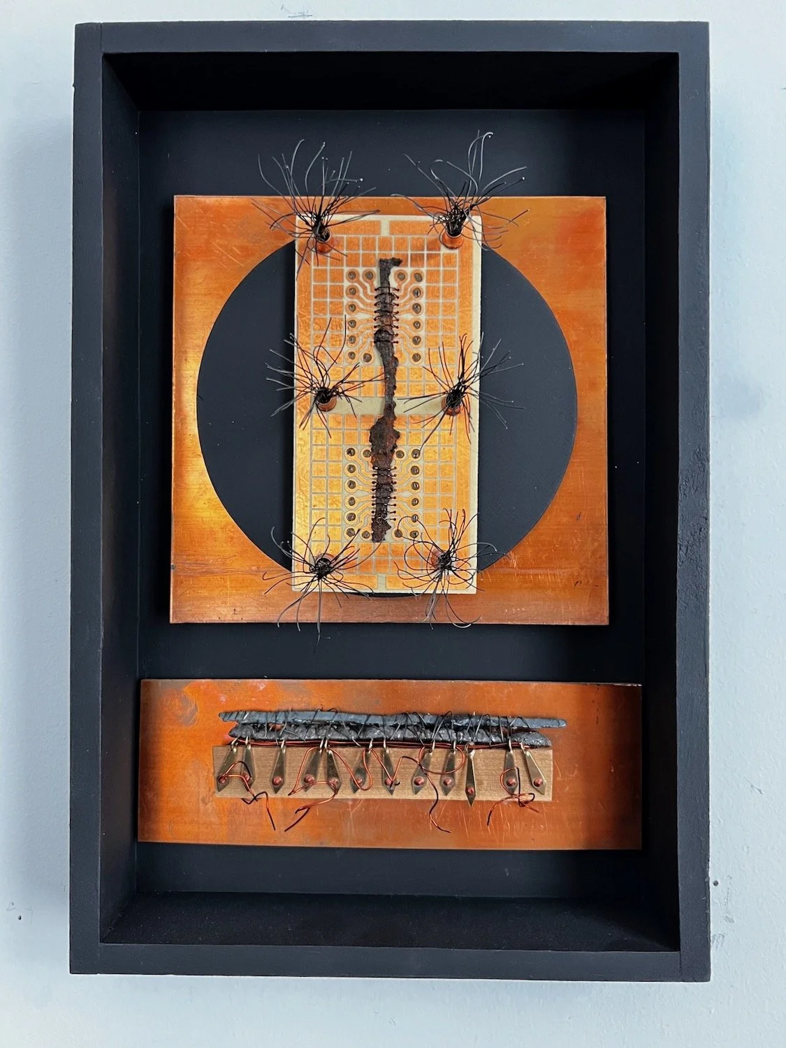 
Raw Nerves - Exploring the concept of being stressed out. Wood, copper, steel, electric circuit board, wire, brass. 12” x 8” x 3” 2022