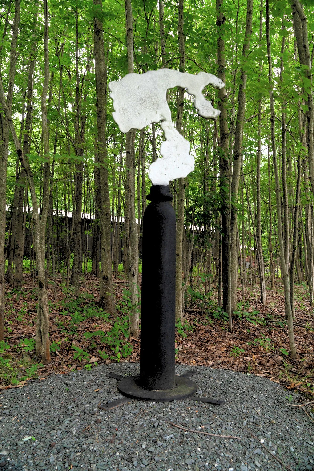 Path Sentry II - Inspired by guarding or protection. Welded steel, deconstructed oxygen tank, cast stainless steel. 78” x 24” x 24” 1978