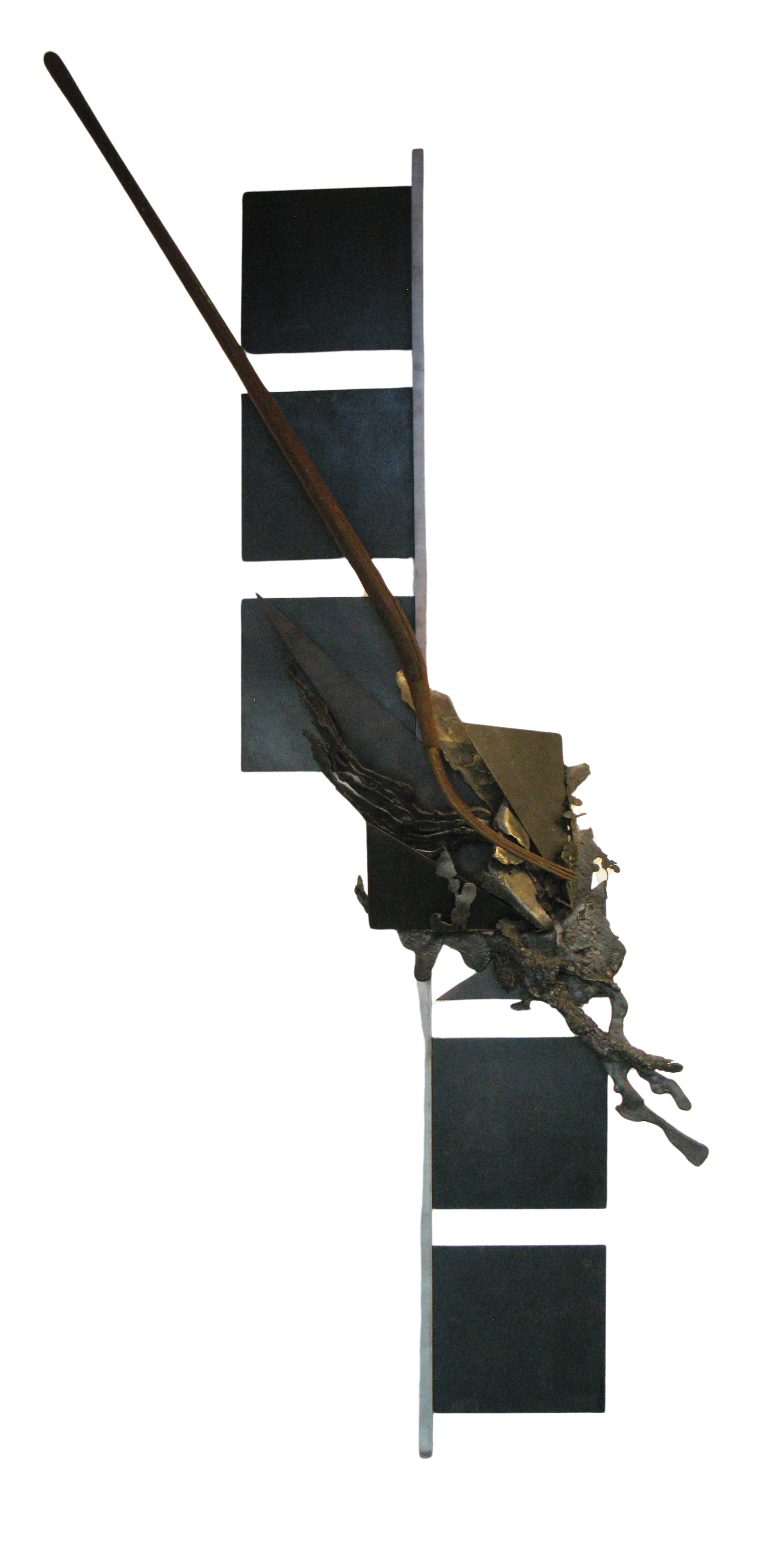 Extrusion- This work uses biomorphic forms against geometric forms to create a sense of movement. Welded steel, cast stainless steel, pitchfork. 8’7”  x 32” x  9”. 1993