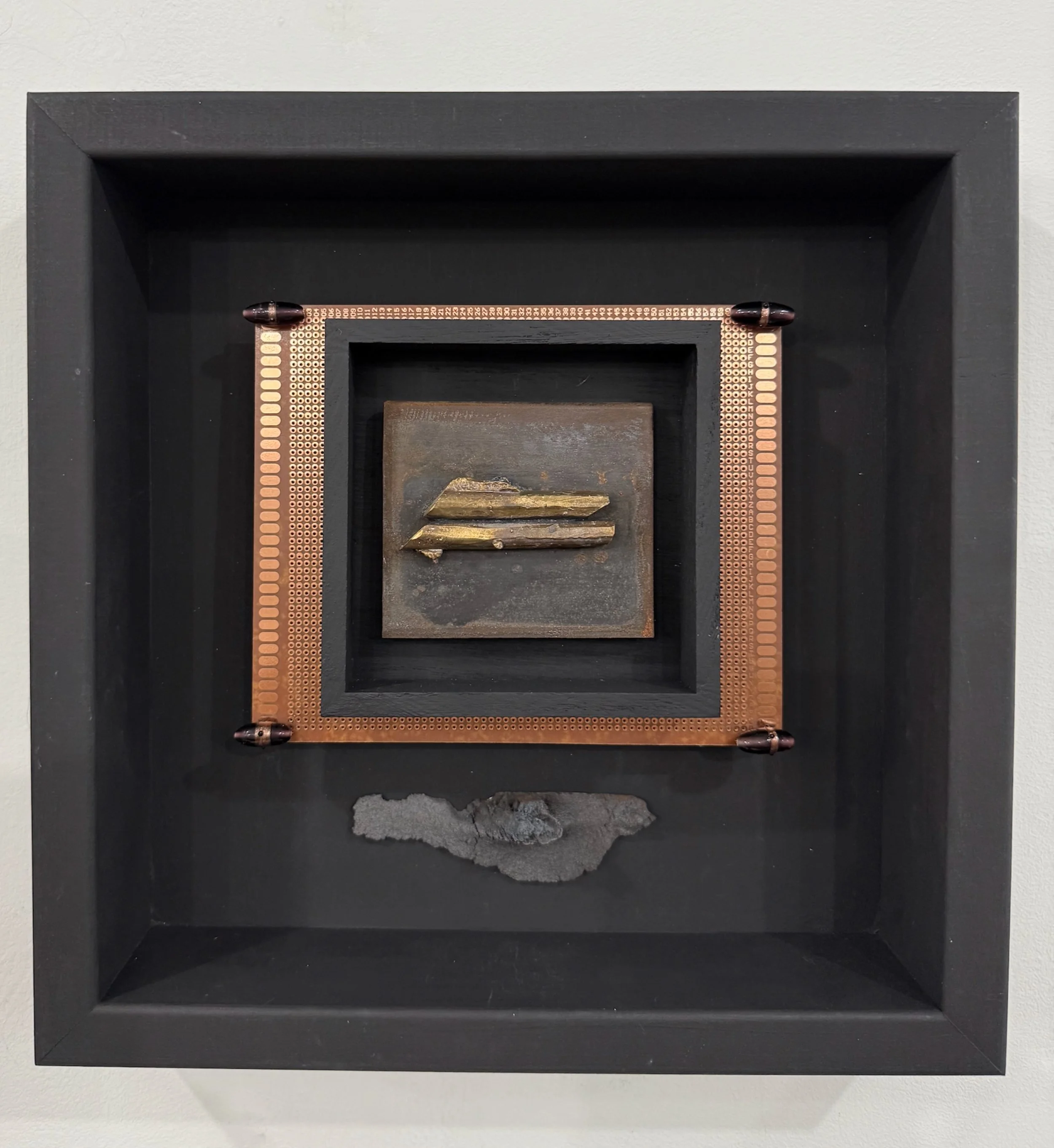 Bullets & Abscess -  The outcomes of injuries served as the inspiration. Bronze, steel, wood, copper circuit board, beads, carbon. 12” x 12” x 2” 2025
