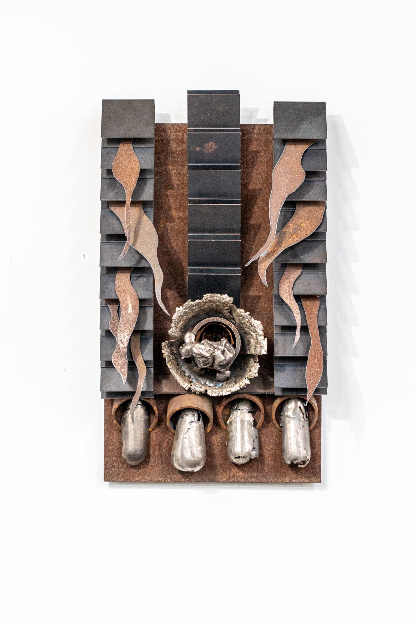 Flux - Inspired by the potential fluctuation, transition and mutation of metal materials. Cast stainless and welded steel. 30” x 17.5” x 17.5”. 2015