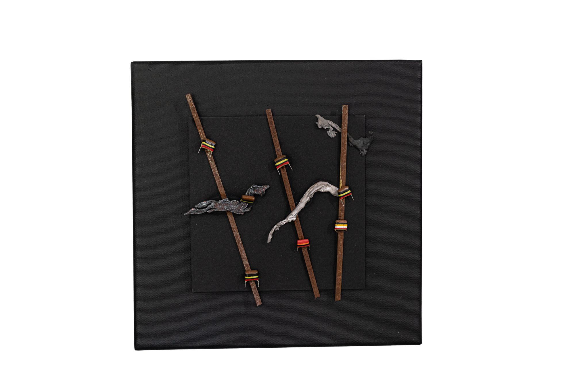 Line Dancers - Inspired by dance movements. Canvass, steel, electrical components, bronze. 10” x 10” x 1” 2009