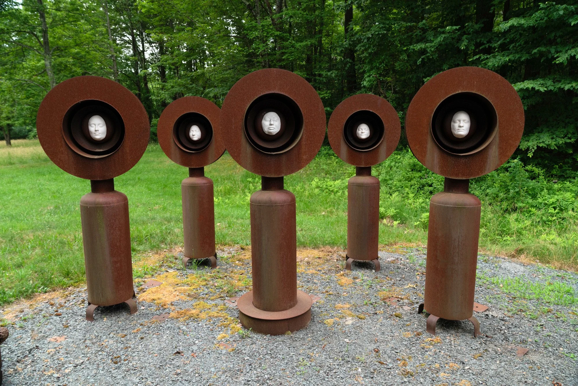 Monuments - Concept of a statue to honor a specific person. In this case we see people’s faces, not just the exterior monument. Welded steel, cast clay masks. 5 sculptures - 6’ x 30” x 30”each . 1996