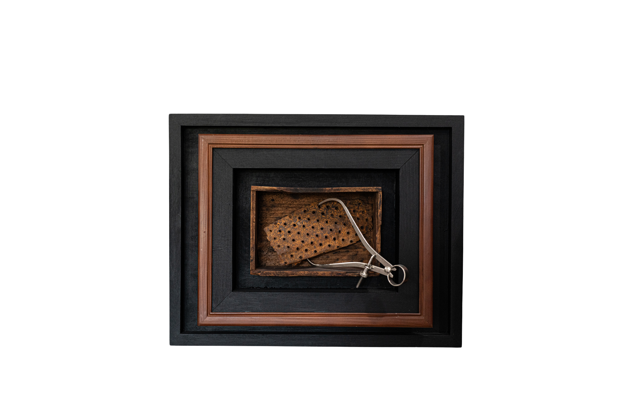 Caliper - The concept is rooted in the measurement of historical objects. Wood frames, vintage wooden box, rusty steel, calipers. 11” x 14” x 4”, 2013
