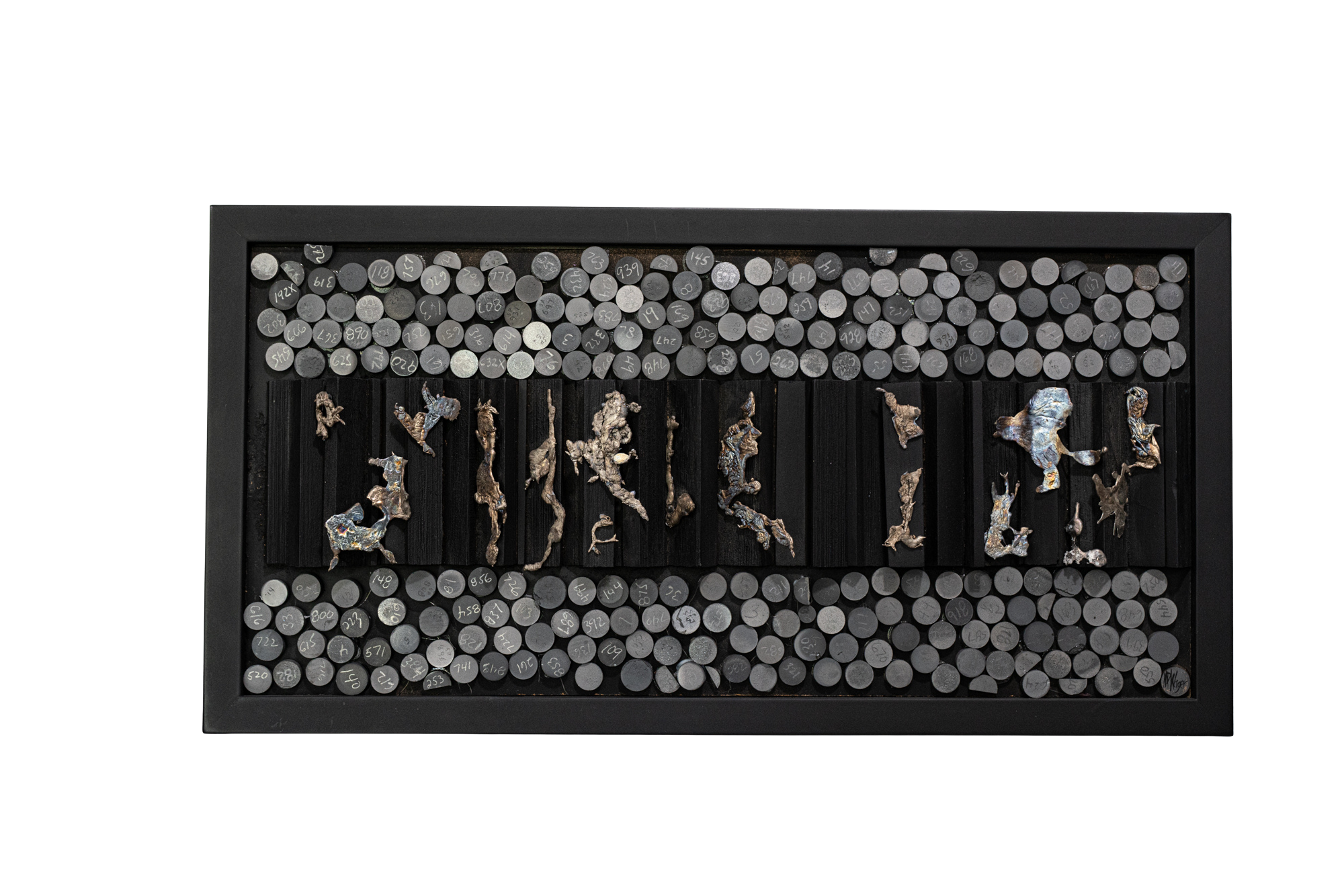 Cadence - This work was inspired by the energy and rhythm of music. Steel discs, cast bronze, wood. 10” x 19.75” x 3”. 2016