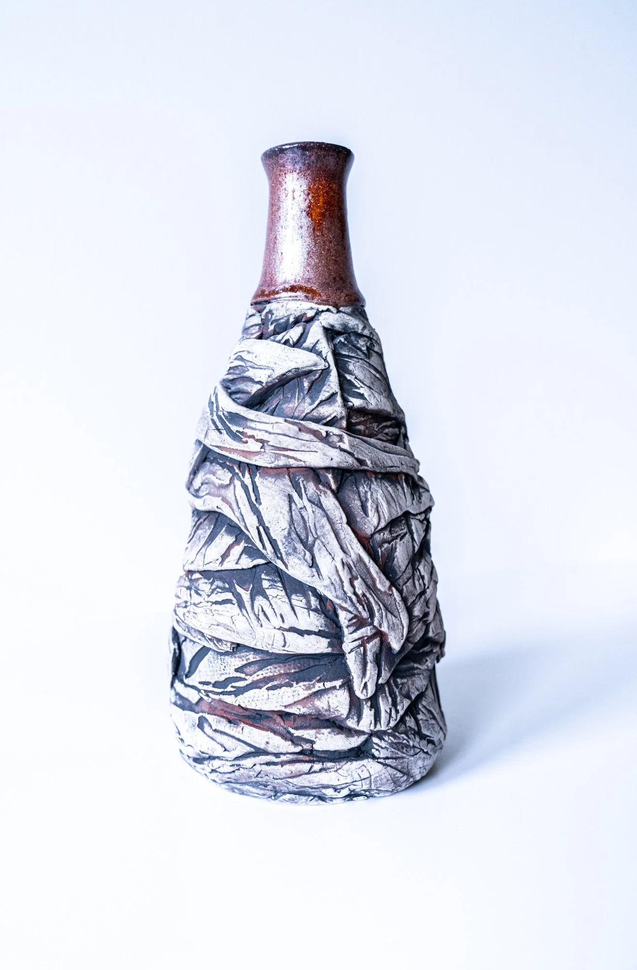 Amy’s Bottle - (Wheel & Handbuilt Clay Vessel #2) Inspired by a technique Amy created. Intuitively thrown and handbuilt. 5.25” x 4” x 4” 