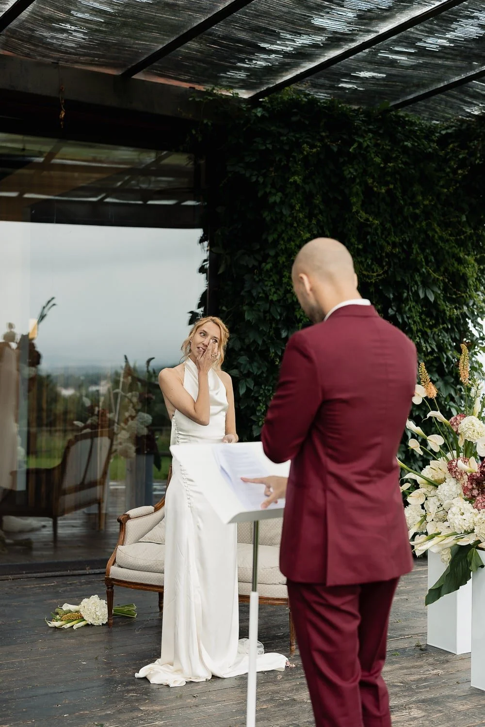 Emotional moment during the wedding ceremony at Chateau du Clair de Lune, Biarritz