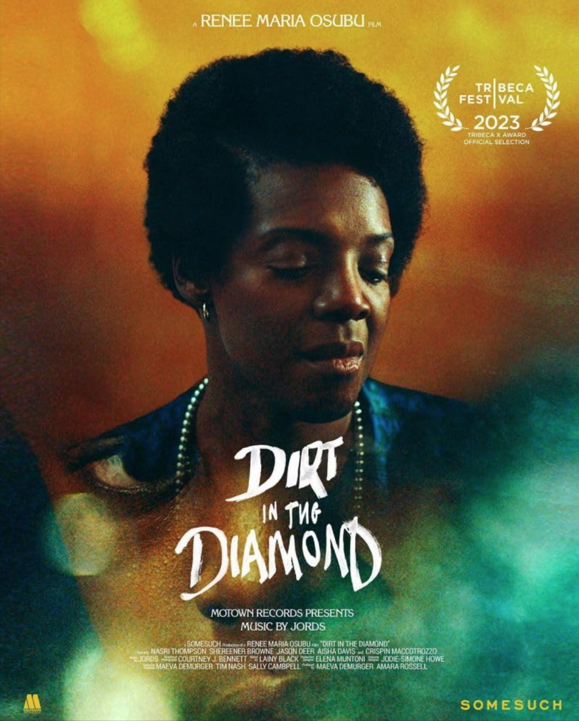 Poster for the film 'Dirt in the Diamond' featuring a woman with a short afro hairstyle, wearing a blue dress, pearl earrings, and a pearl necklace, with the title written in white stylized text.