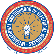 Logo of the International Brotherhood of Electrical Workers featuring a raised fist breaking through a broken circle, with text about the union's affiliation, organization date, and regional information.