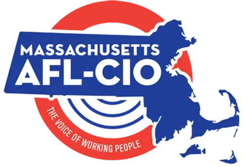 Logo of Massachusetts AFL-CIO featuring a blue map of Massachusetts with red and blue elements and the slogan 'The Voice of Working People'.